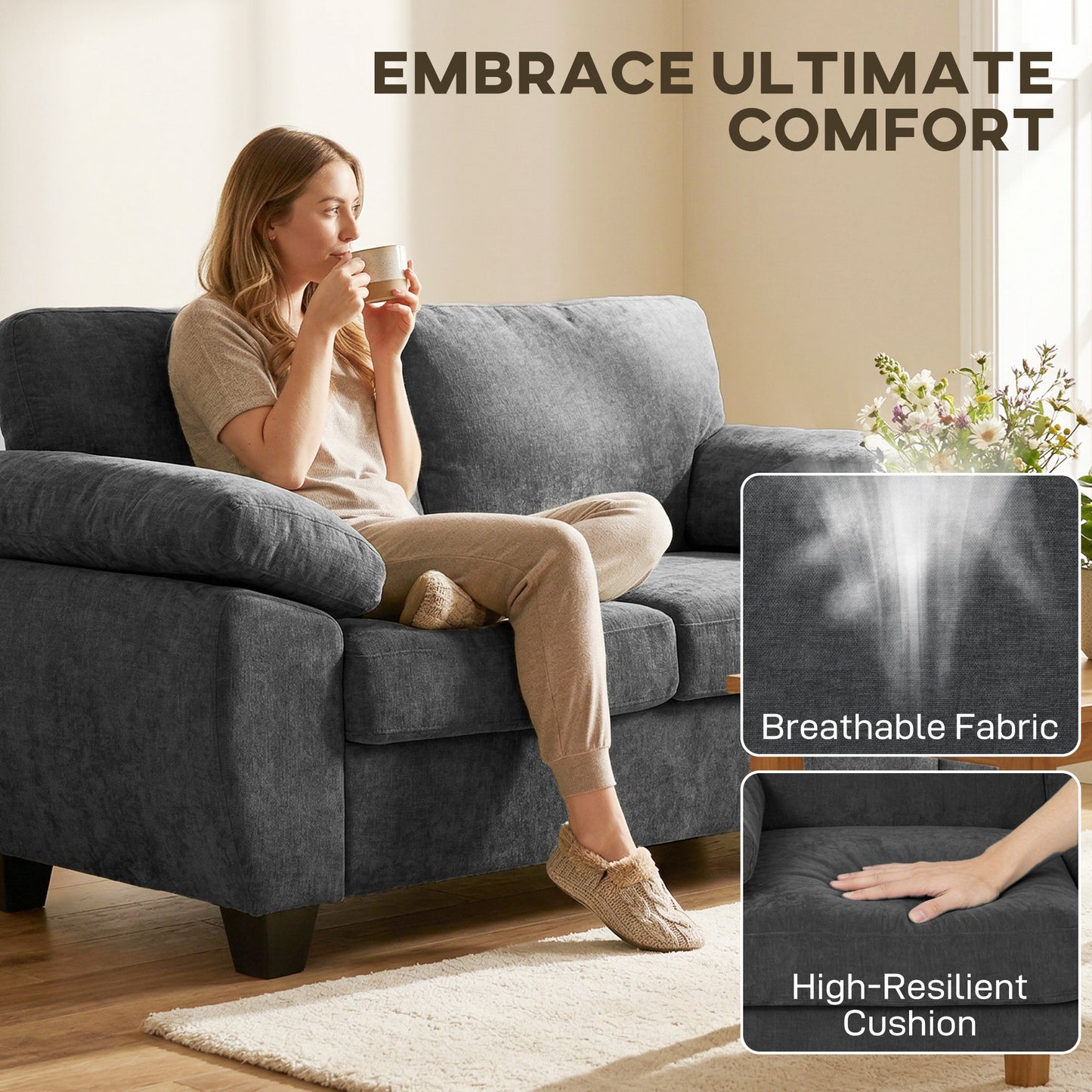 HOMCOM 2 Seater Chenille Sofa Loveseat 156cm Dark Grey With Thick Spring Cushion Seats