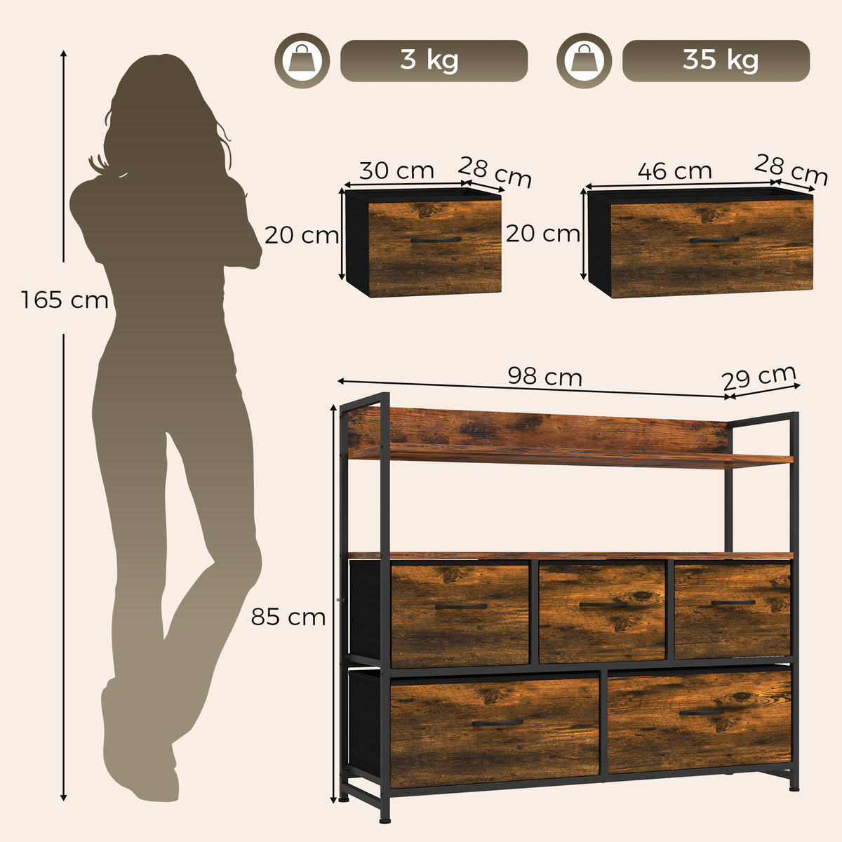 Dresser size diagram showing height and drawer layout
