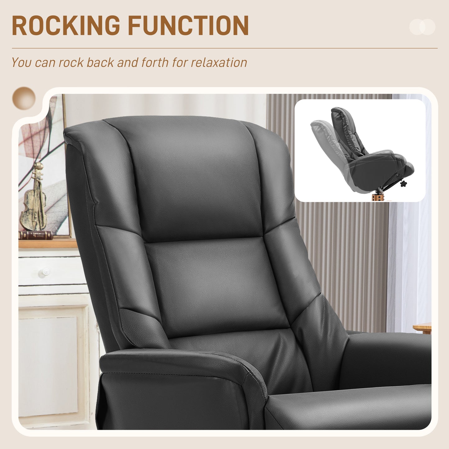 HOMCOM Rocking Recliner Chair With Footstool In PU Leather Wood Base For Living Room And Bedroom Black