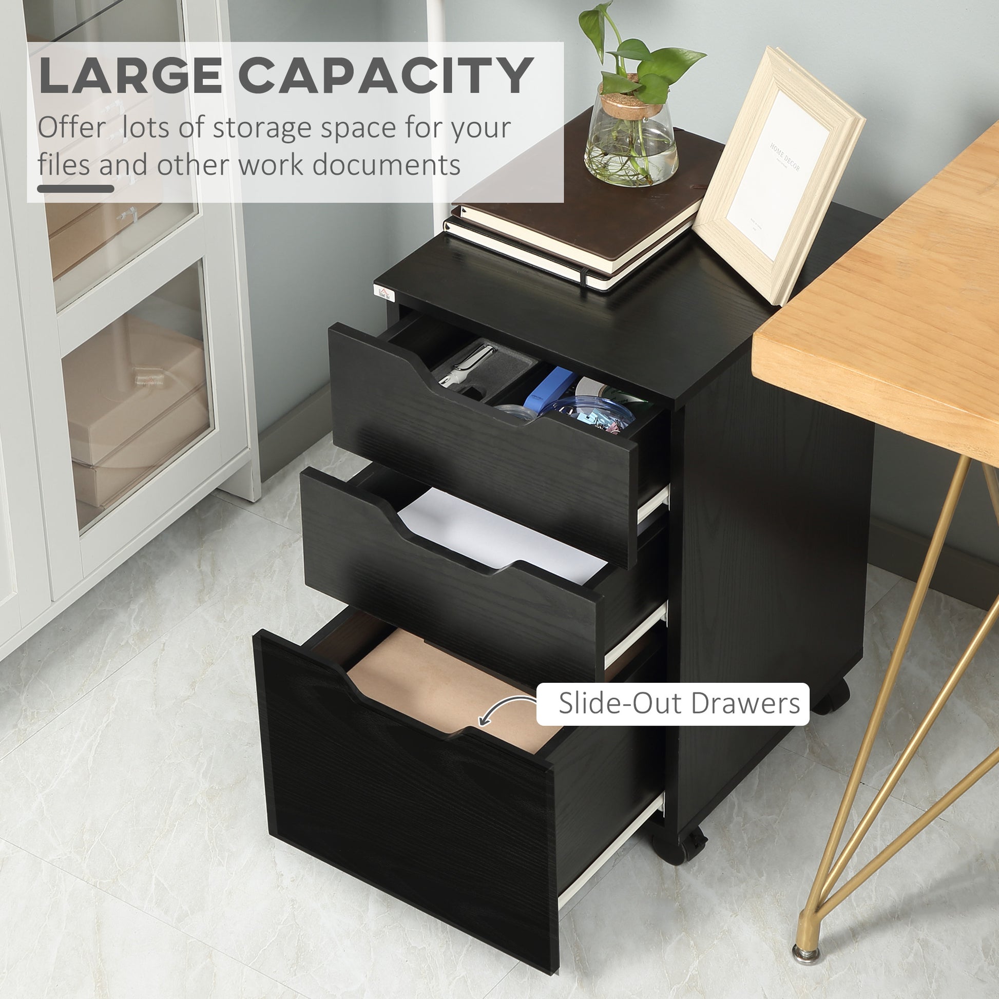 HOMCOM Mobile 3-Drawer Office Filing Cabinet with Lockable Wheels in Black Oak Finish - ALL4U RETAILER LTD