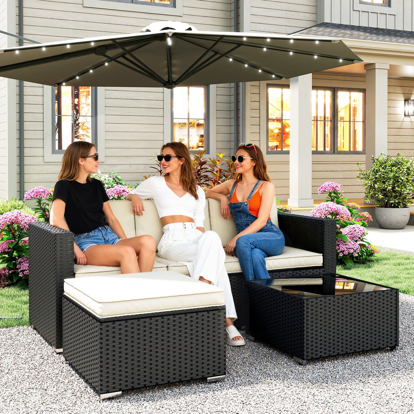 Outsunny 3 Pieces Garden Furniture Set With Cushions PE Rattan Wicker Conversation Corner Sofa Set