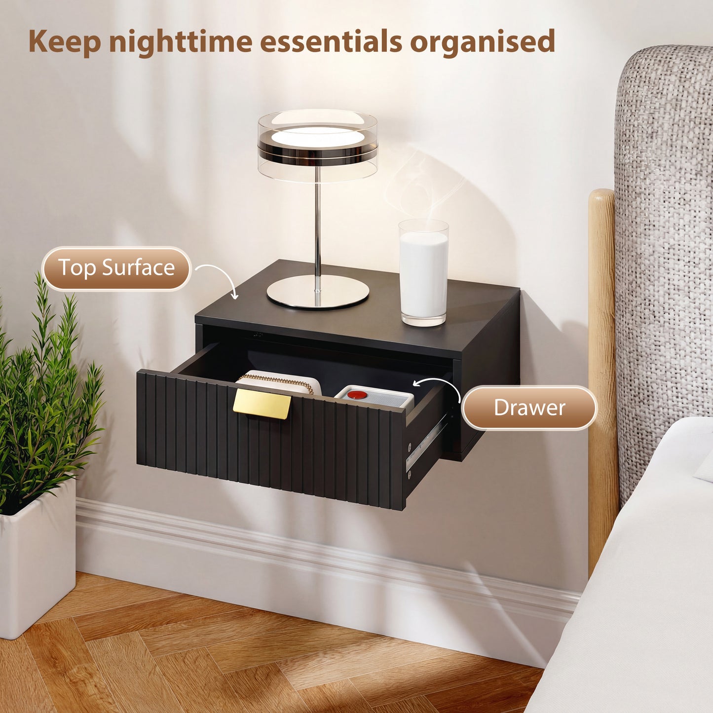 HOMCOM Modern Floating Nightstands Set Of 2 Wall Mounted Bedside Tables With Wave Drawer Black