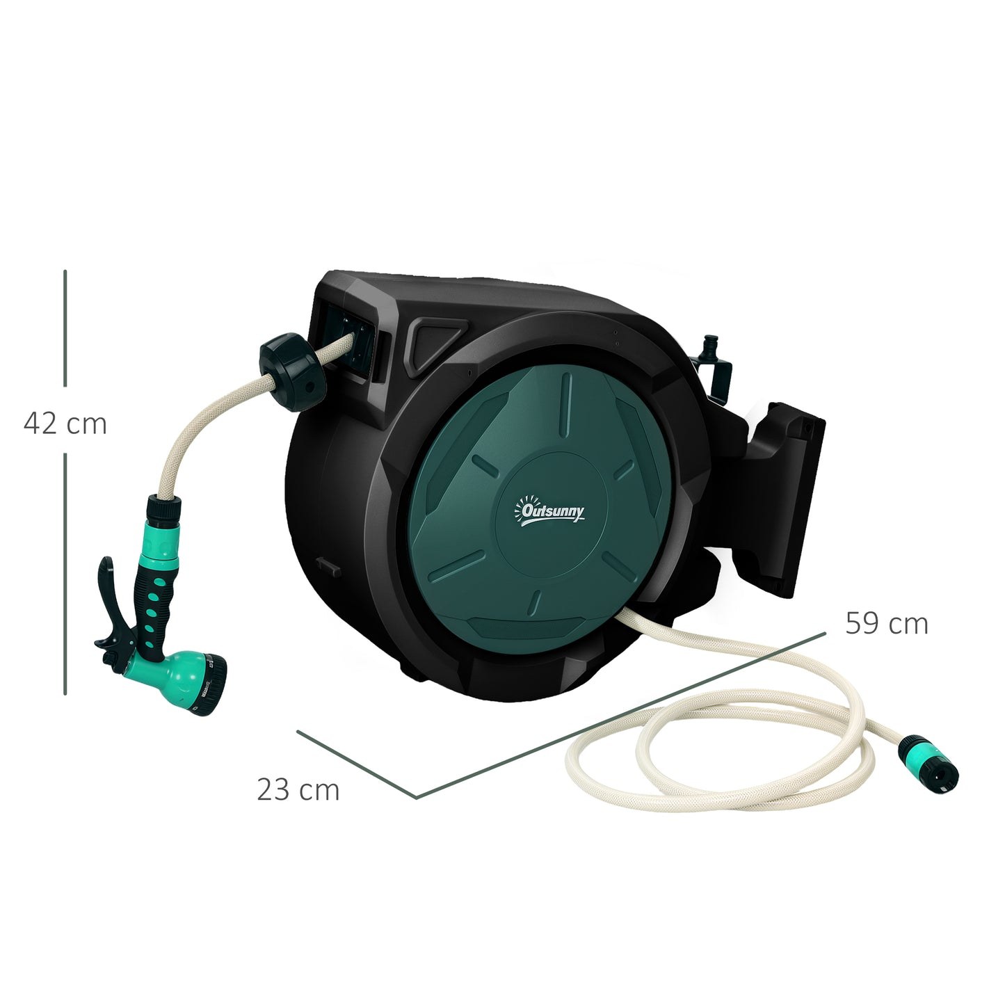 Outsunny Retractable Wall Mounted Hose Reel 30m Garden Hose With Auto Rewind 180 Degree Swivel 7 In 1 Nozzle Green