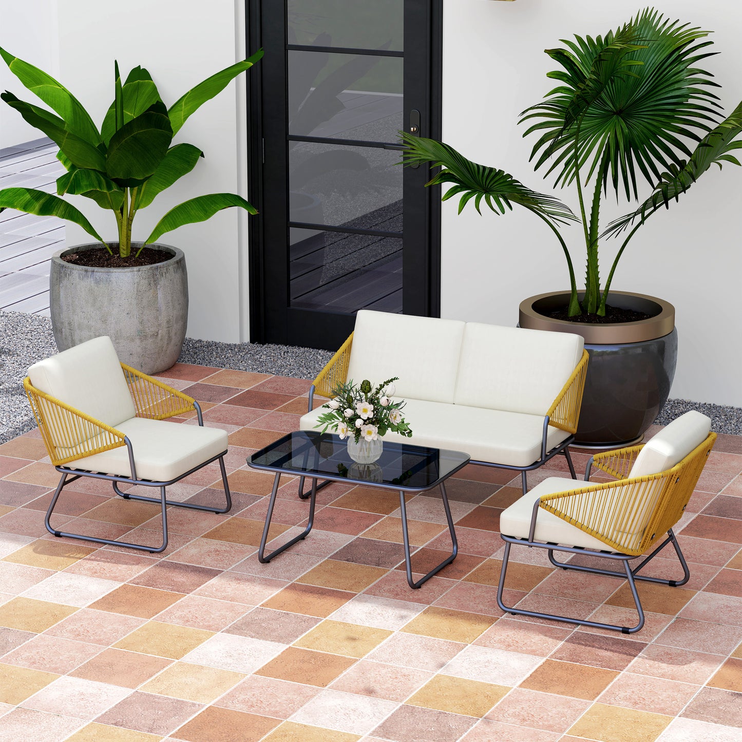 Outsunny Four Piece Rattan Outdoor Sofa Set With Coffee Table Natural Finish For Patio Powder Coated Steel Frame