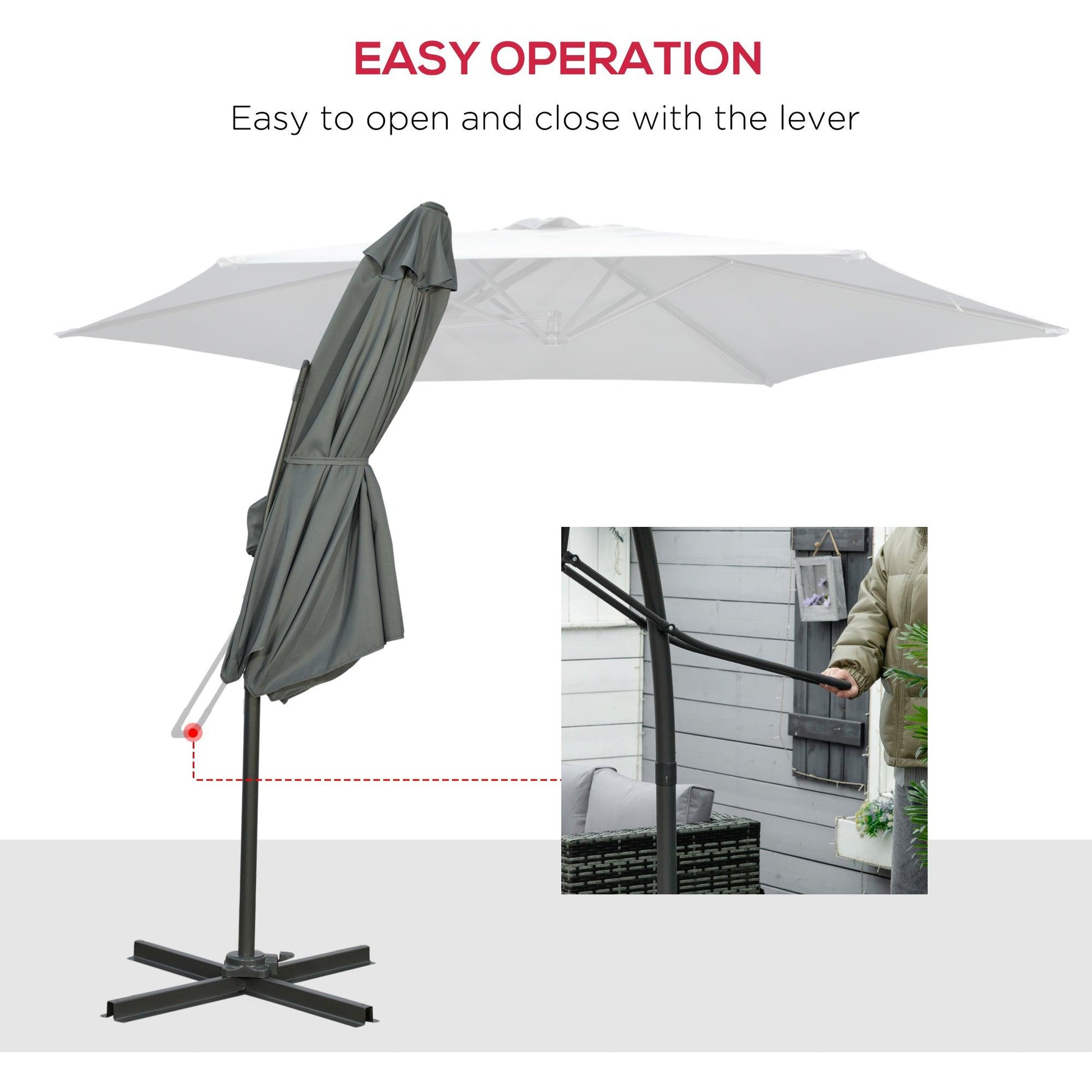 Outsunny 3m Cantilever Patio Umbrella with Crank Handle, Cross Base - Grey - ALL4U RETAILER LTD