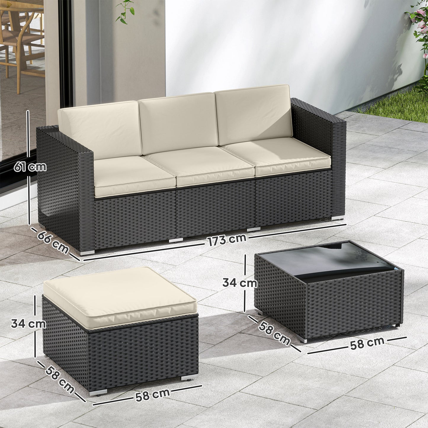 Outsunny 3 Pieces Garden Furniture Set With Cushions PE Rattan Wicker Conversation Corner Sofa Set