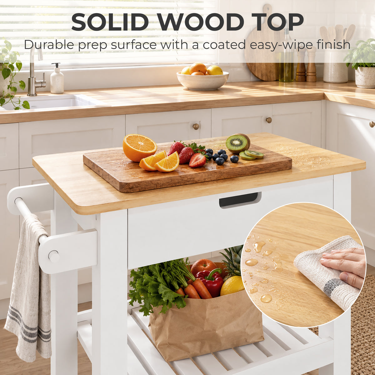 HOMCOM Kitchen Rolling Trolley With Rubberwood Top And Drawer