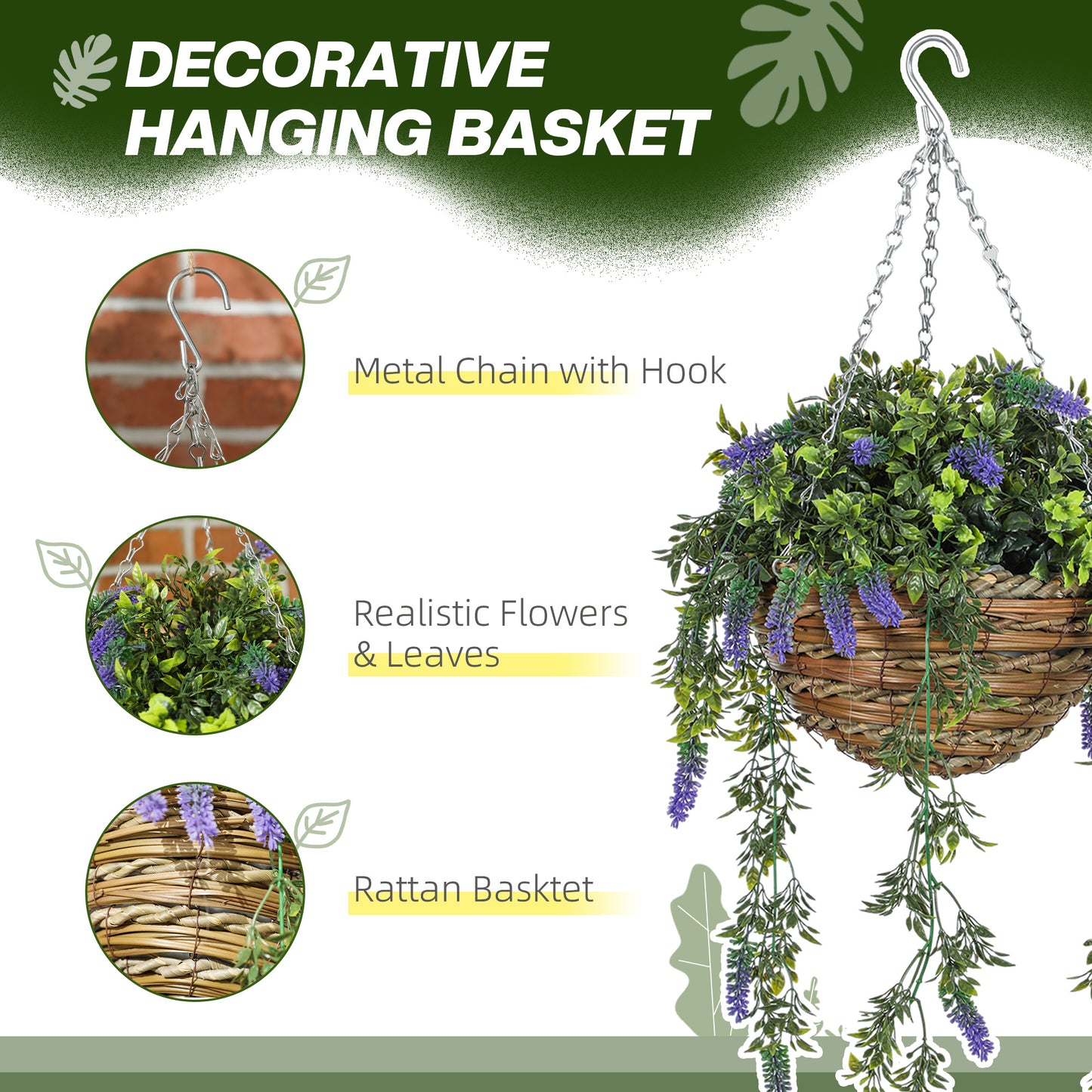 HOMCOM Set of 2 Decorative Artificial Lavender Plants in Hanging Baskets for Indoor and Outdoor Decor Purple