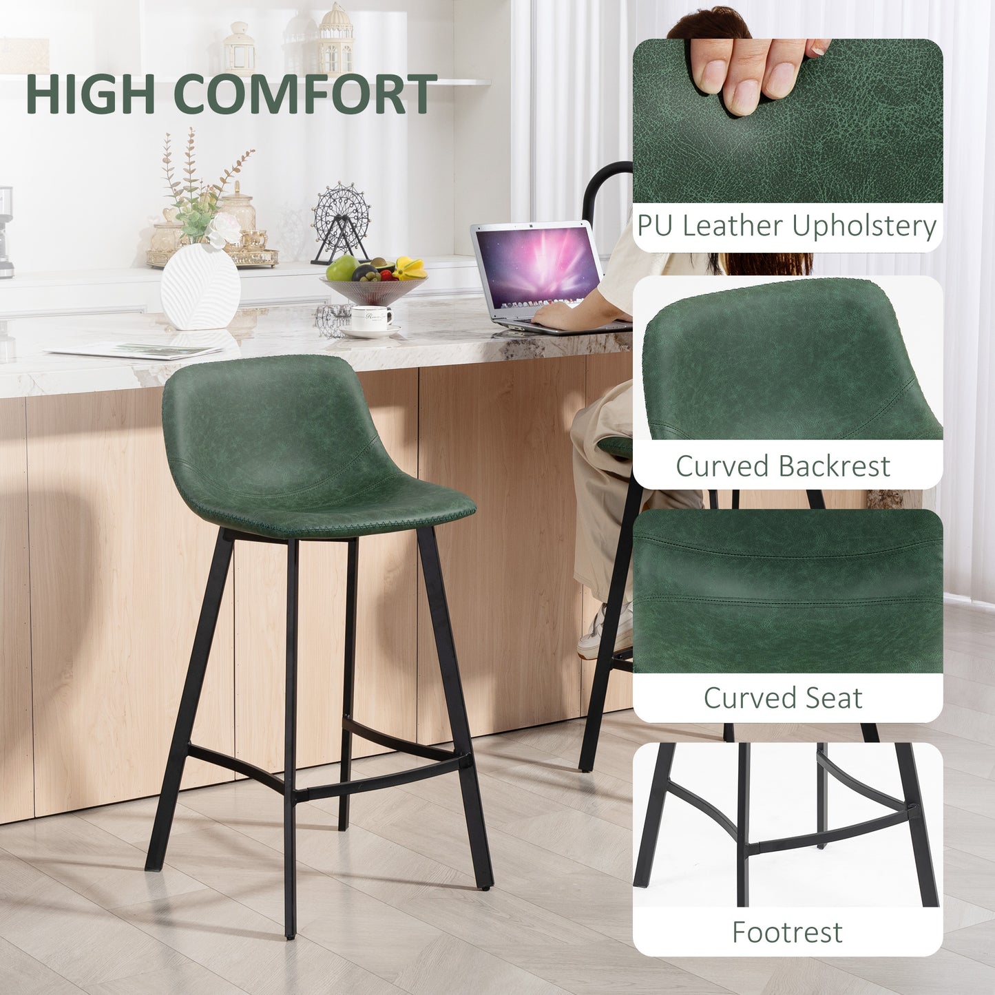 HOMCOM Bar Stools Set 2 PU Leather Backrest Footrest for Kitchen Counter Breakfast Bar Green