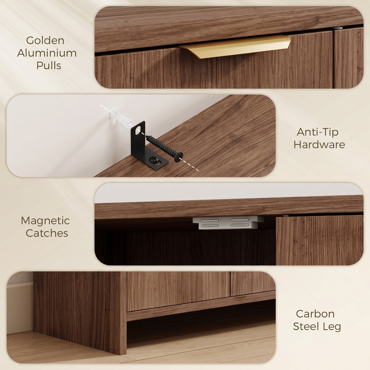 Brown sideboard cabinet with gold pulls, anti-tip hardware, and steel legs