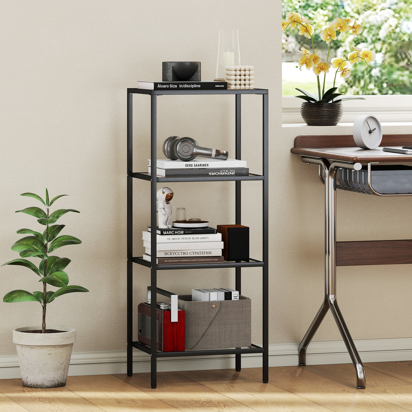 HOMCOM 4-Tier Glass Shelving Unit Vertical Storage For Living Room Home Office Bedroom Bathroom Black