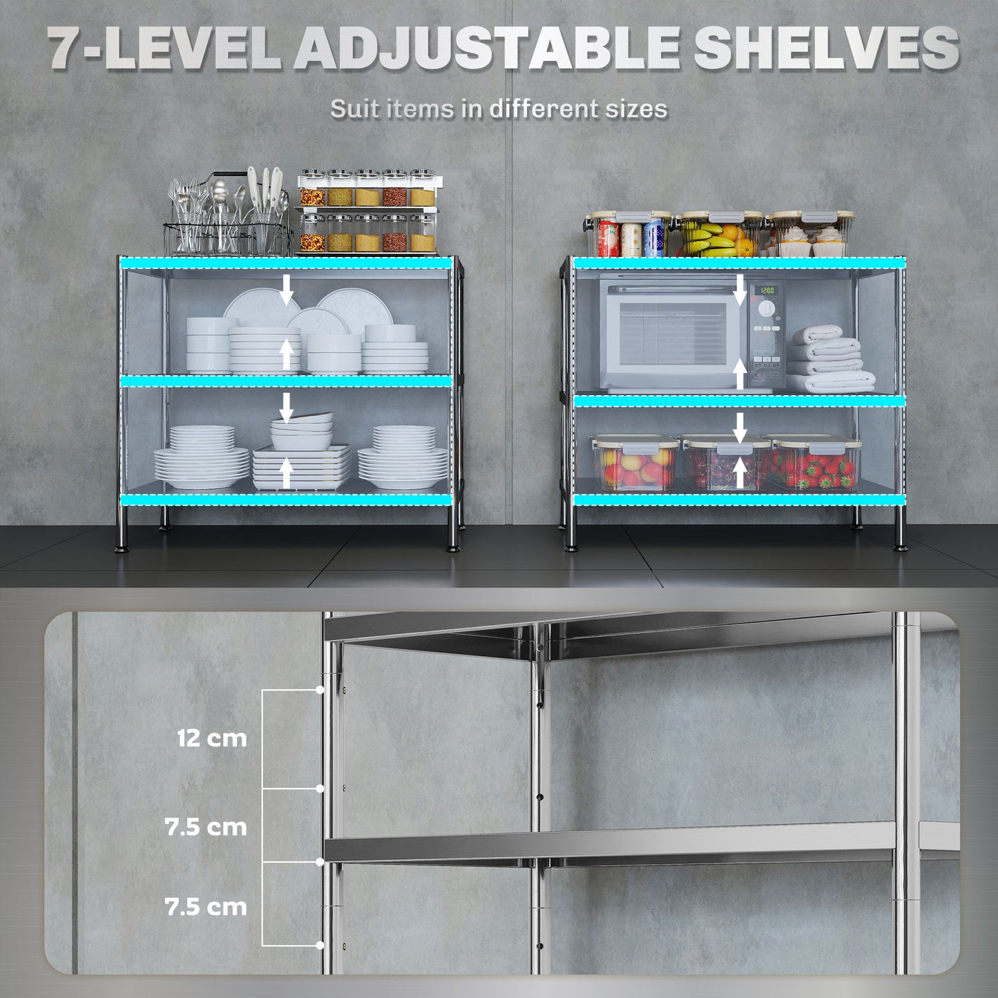 HOMCOM 3-Tier Bakers Rack With Storage Stainless Steel Microwave Stand Adjustable Shelves For Small Spaces Silver Tone