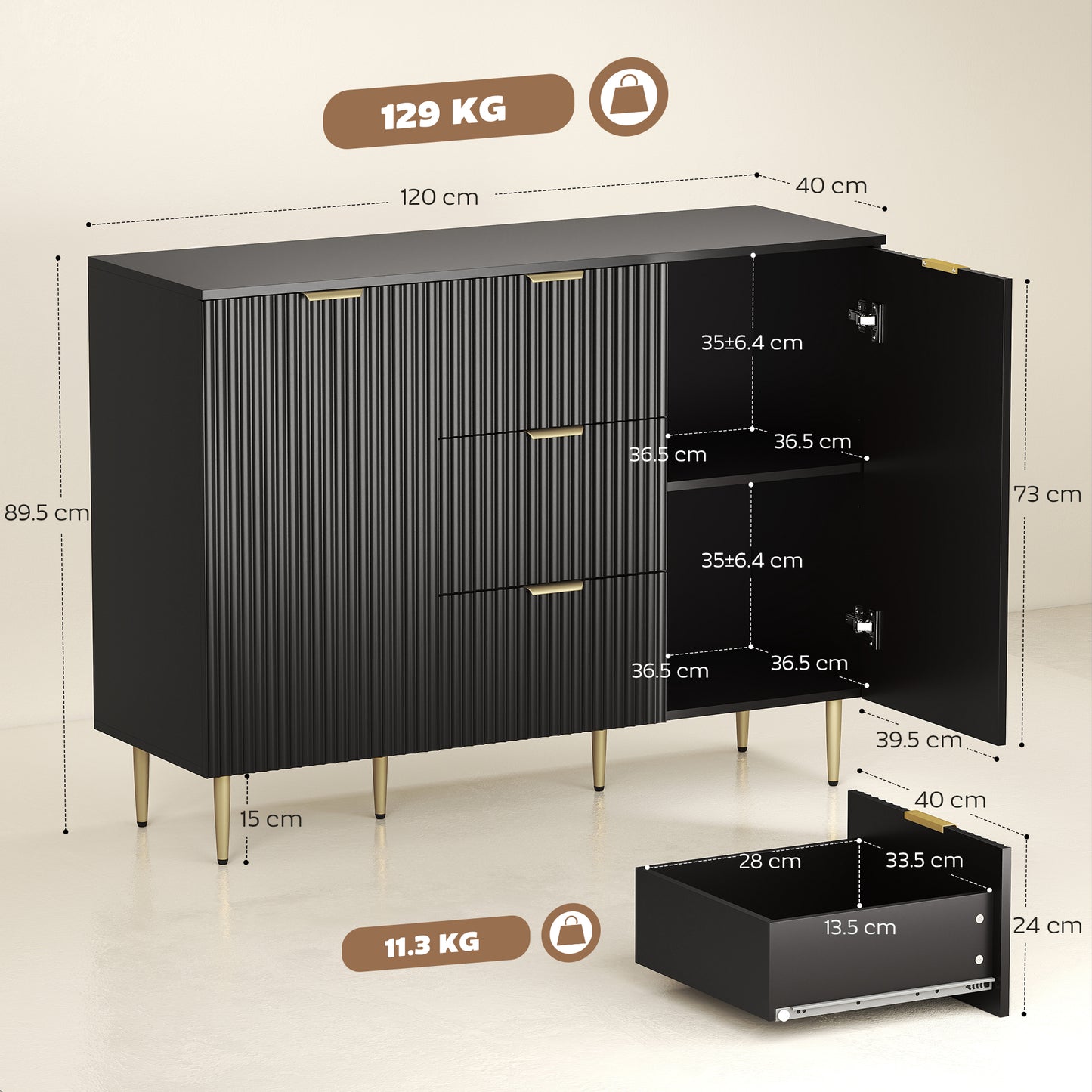 HOMCOM 2 Door Sideboard With 3 Drawers And Adjustable Shelves Black Storage Cabinet