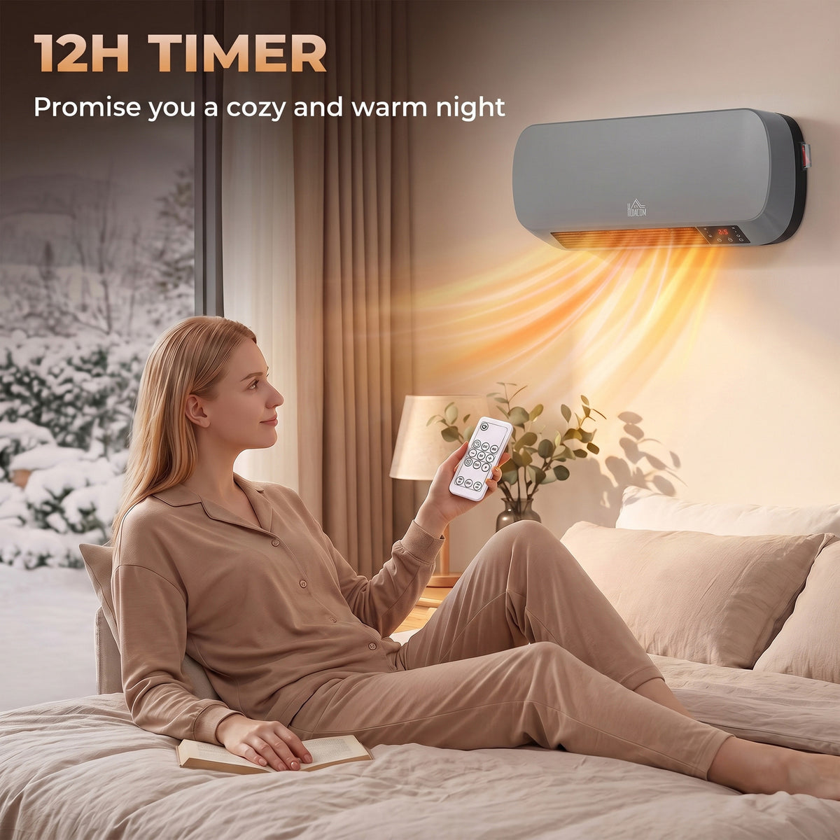 Wall-mounted gray ceramic heater with remote held by person on bed