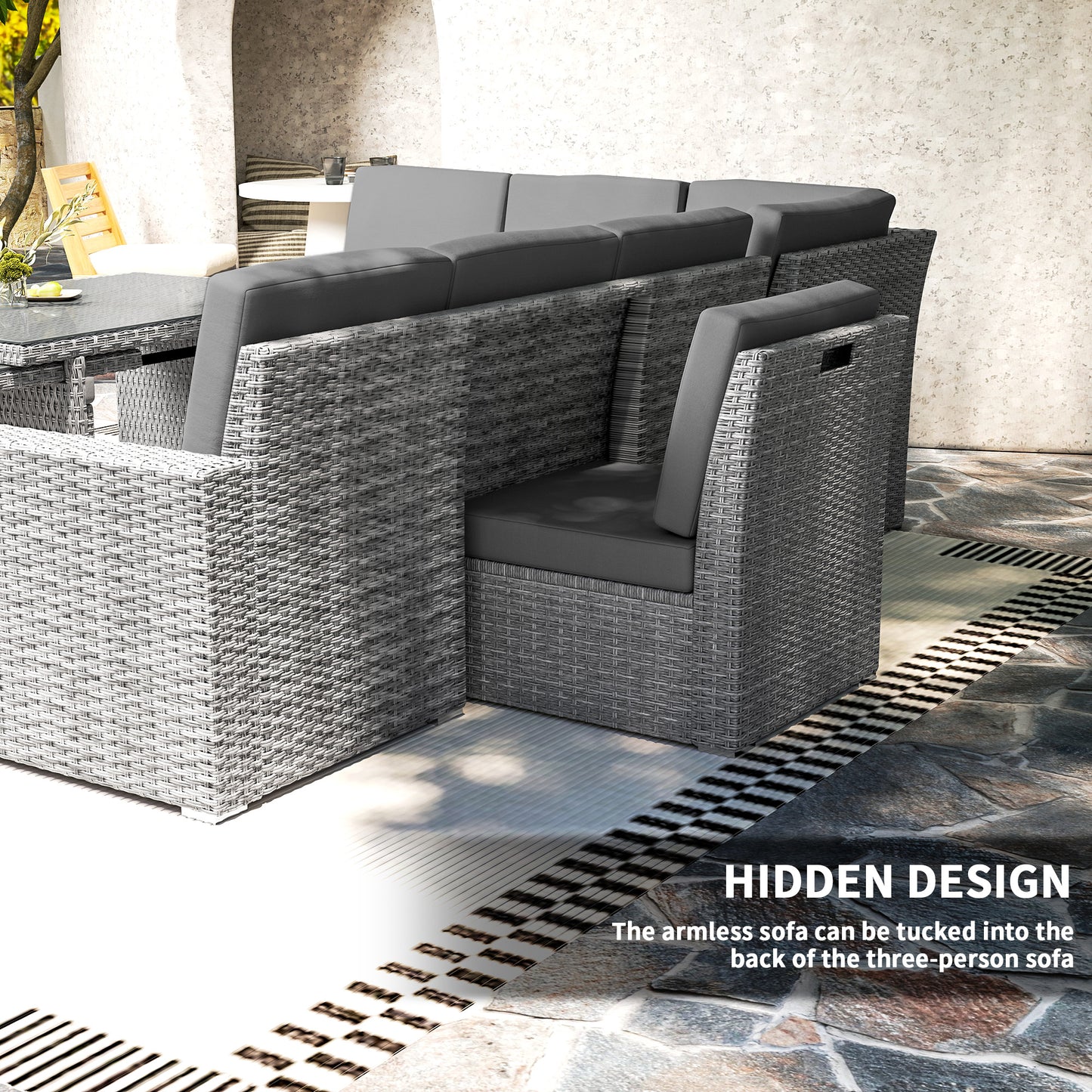 Outsunny Seven Piece Rattan Garden Sofa Set With Expanding Table Light Grey Seats Up To Ten People