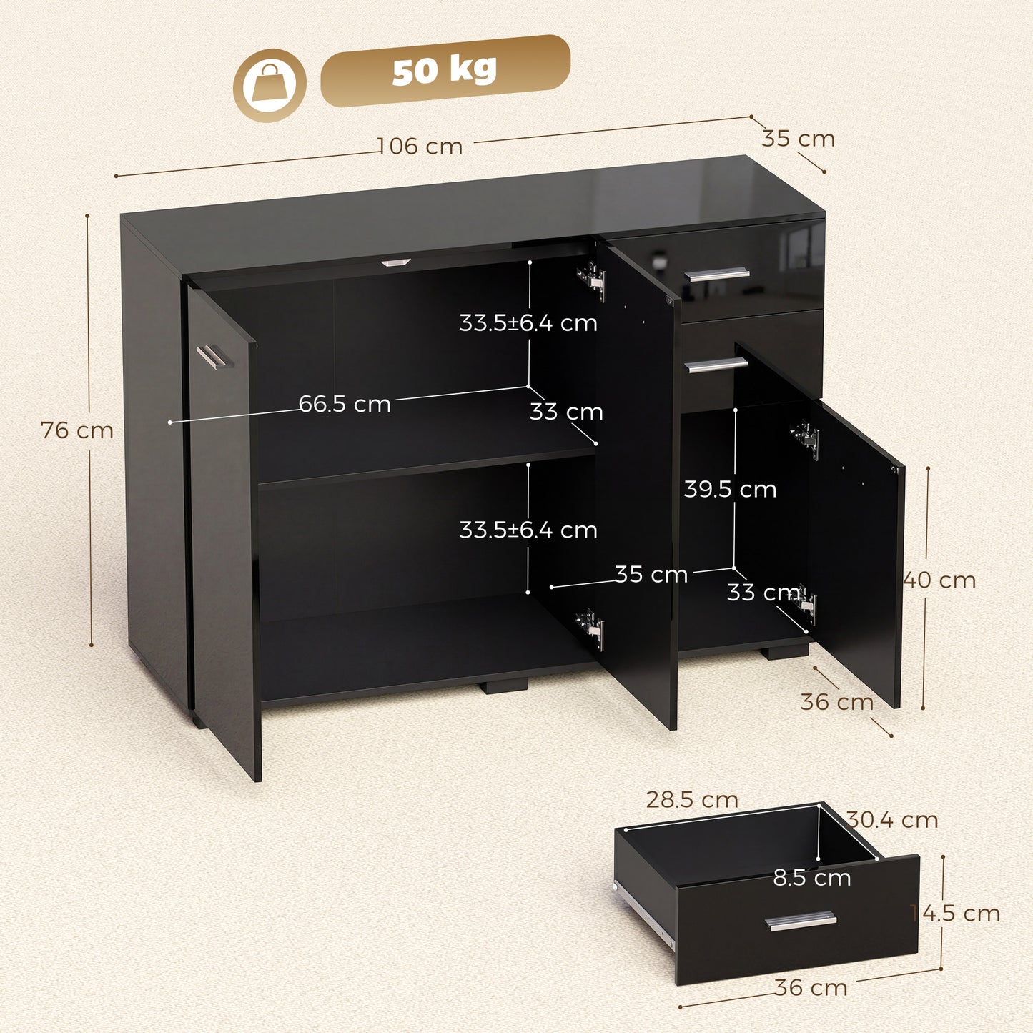HOMCOM Modern Sideboard Storage Cabinet With 2 Drawers And 3 Doors Adjustable Shelves High Gloss Black