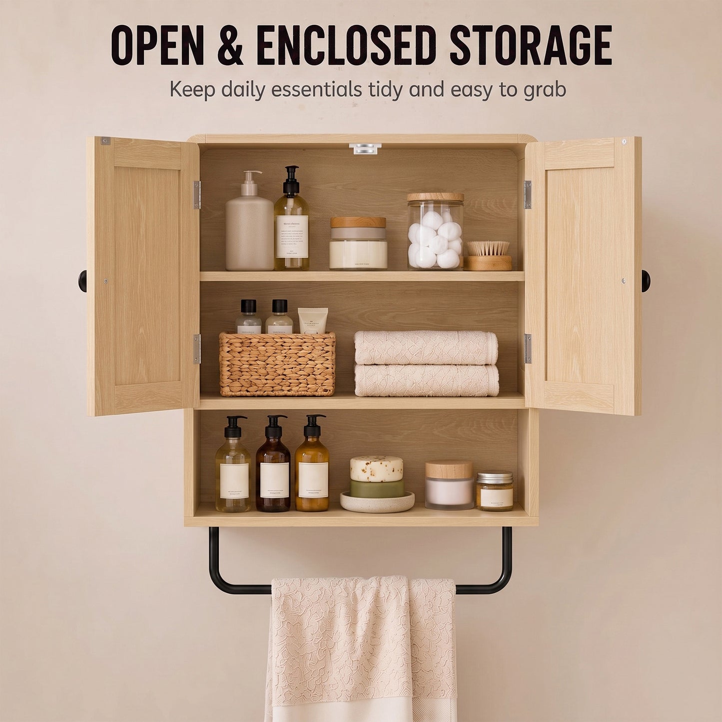 HOMCOM Oak Finish Wall Mounted Bathroom Cabinet With Two Doors And Adjustable Shelf Storage