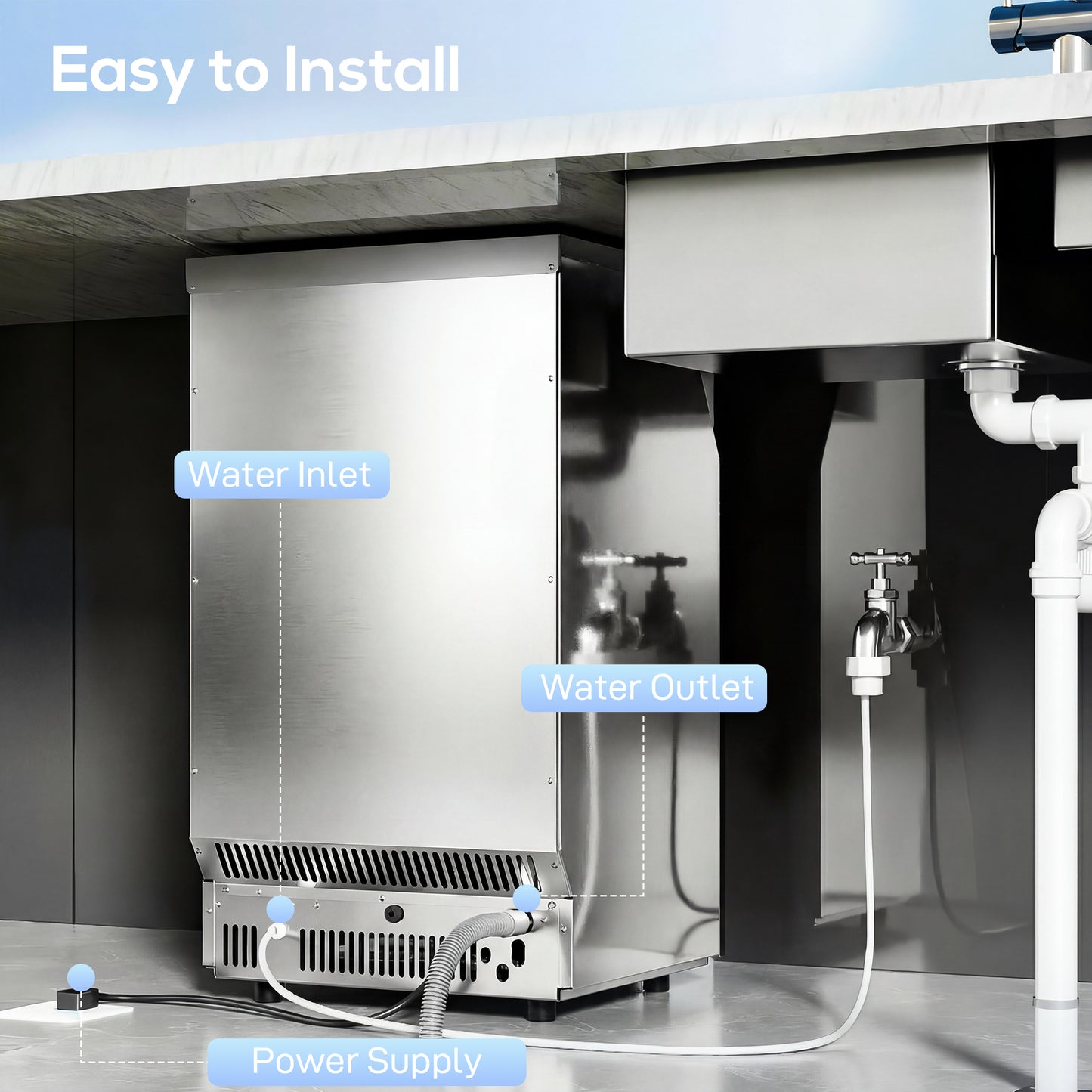 HOMCOM Commercial Ice Maker Machine 45 kg per 24 h Stainless Steel Under Counter or Freestanding Silver