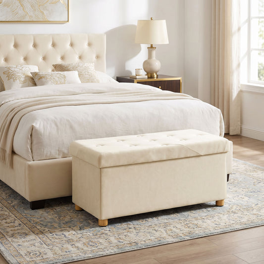 Cream velvet upholstered storage ottoman footrest with tufted top and wooden legs