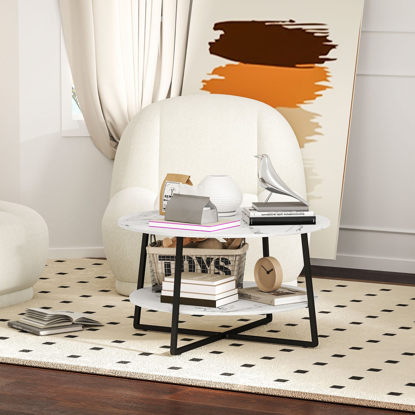 HOMCOM Round Two Tier Marble Effect Coffee Table White Black Finish With Adjustable Foot Pads