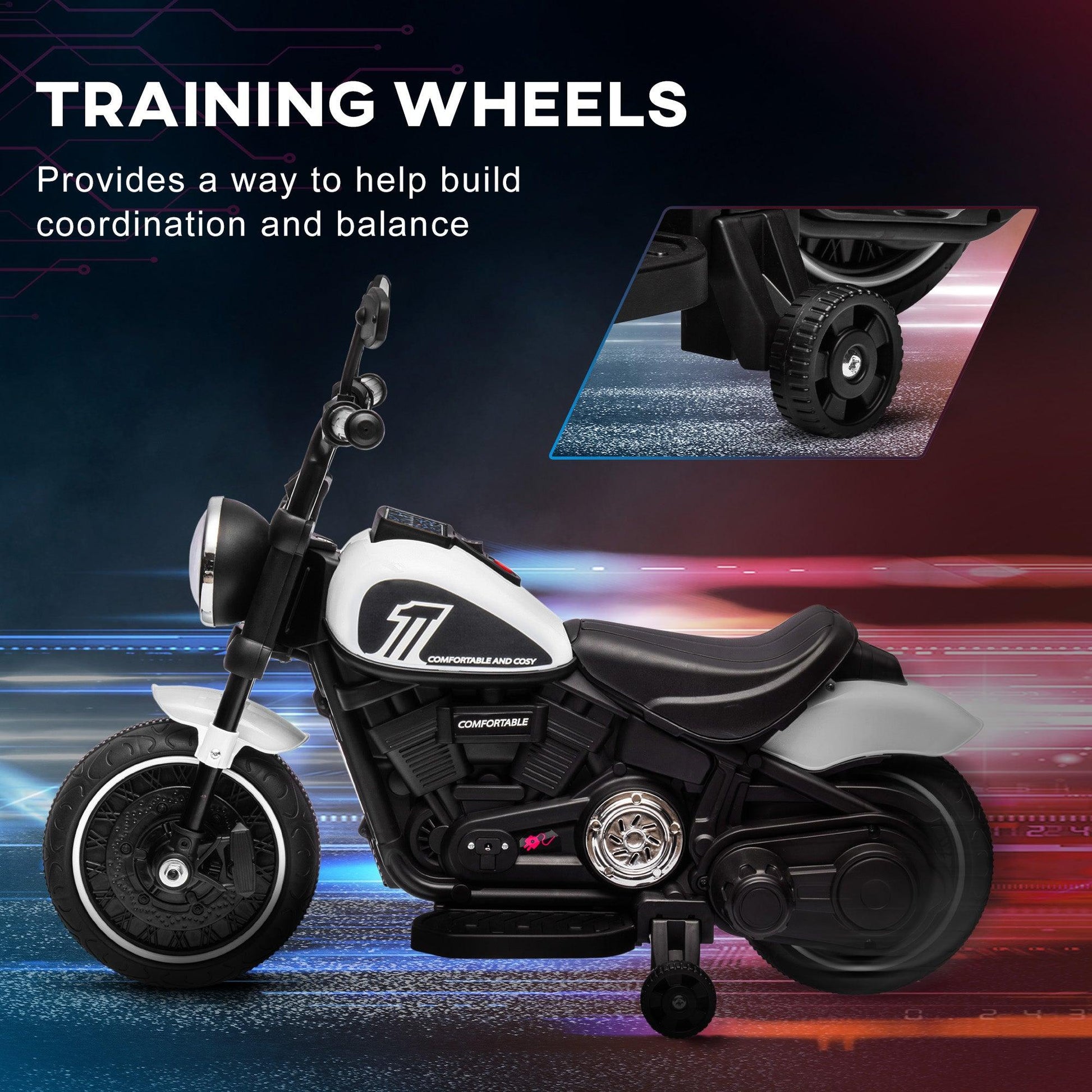 HOMCOM 6V Electric Motorbike with Training Wheels, One-Button Start - White - ALL4U RETAILER LTD