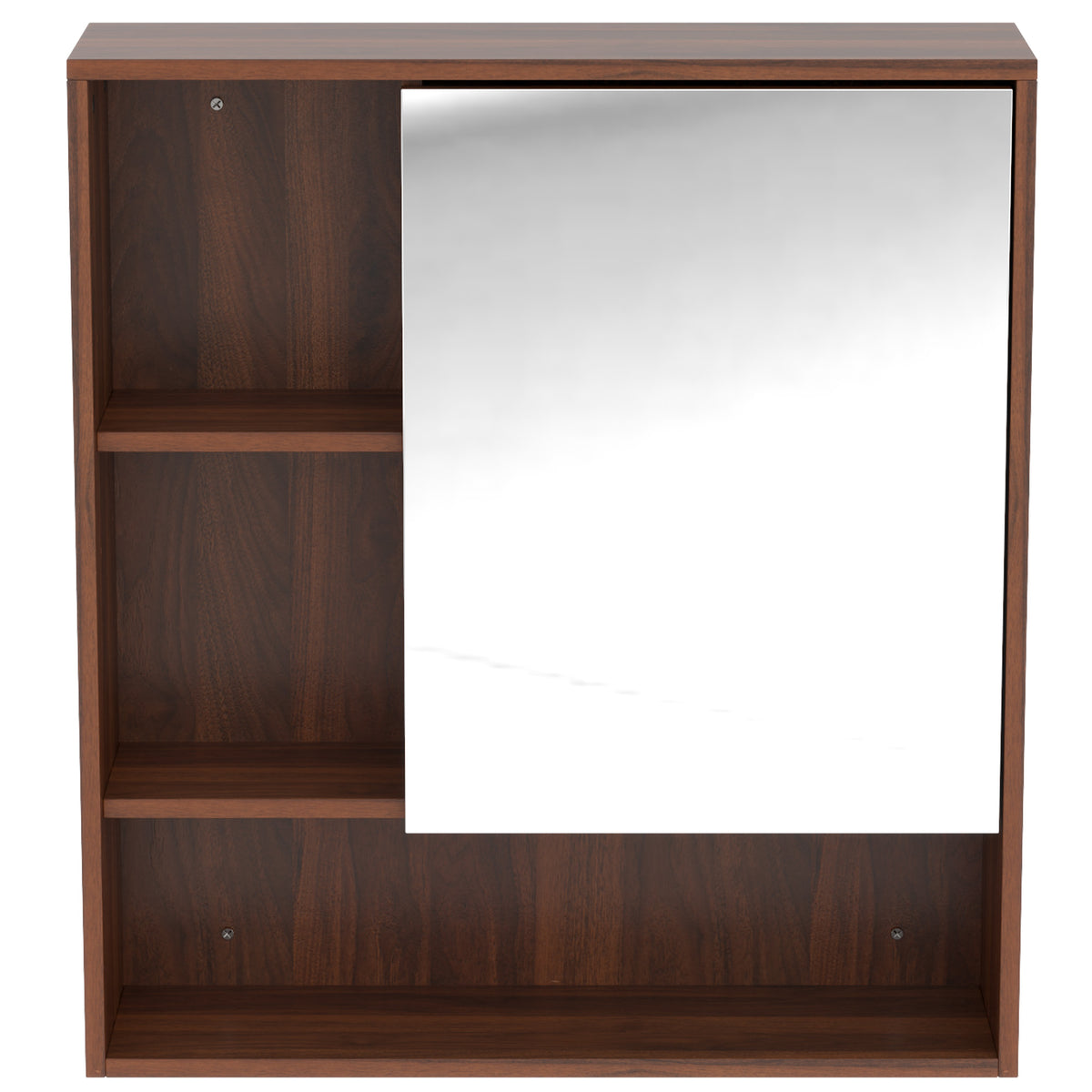 Walnut bathroom wall mirror cabinet with open storage shelves and reflective mirror panel