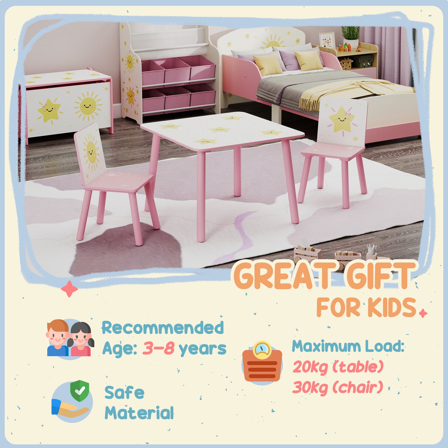 AIYAPLAY 3 Piece Toddler Table and Chair Set Pink With Star Pattern for Bedroom Nursery Playroom Table and 2 Chairs