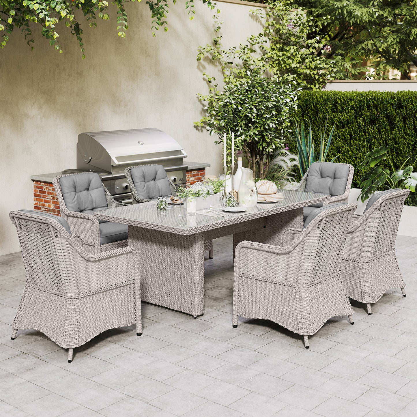 Outsunny Seven Piece Rattan Dining Set Outdoor Garden Furniture Mixed Grey Stylish Comfortable Alfresco Dining