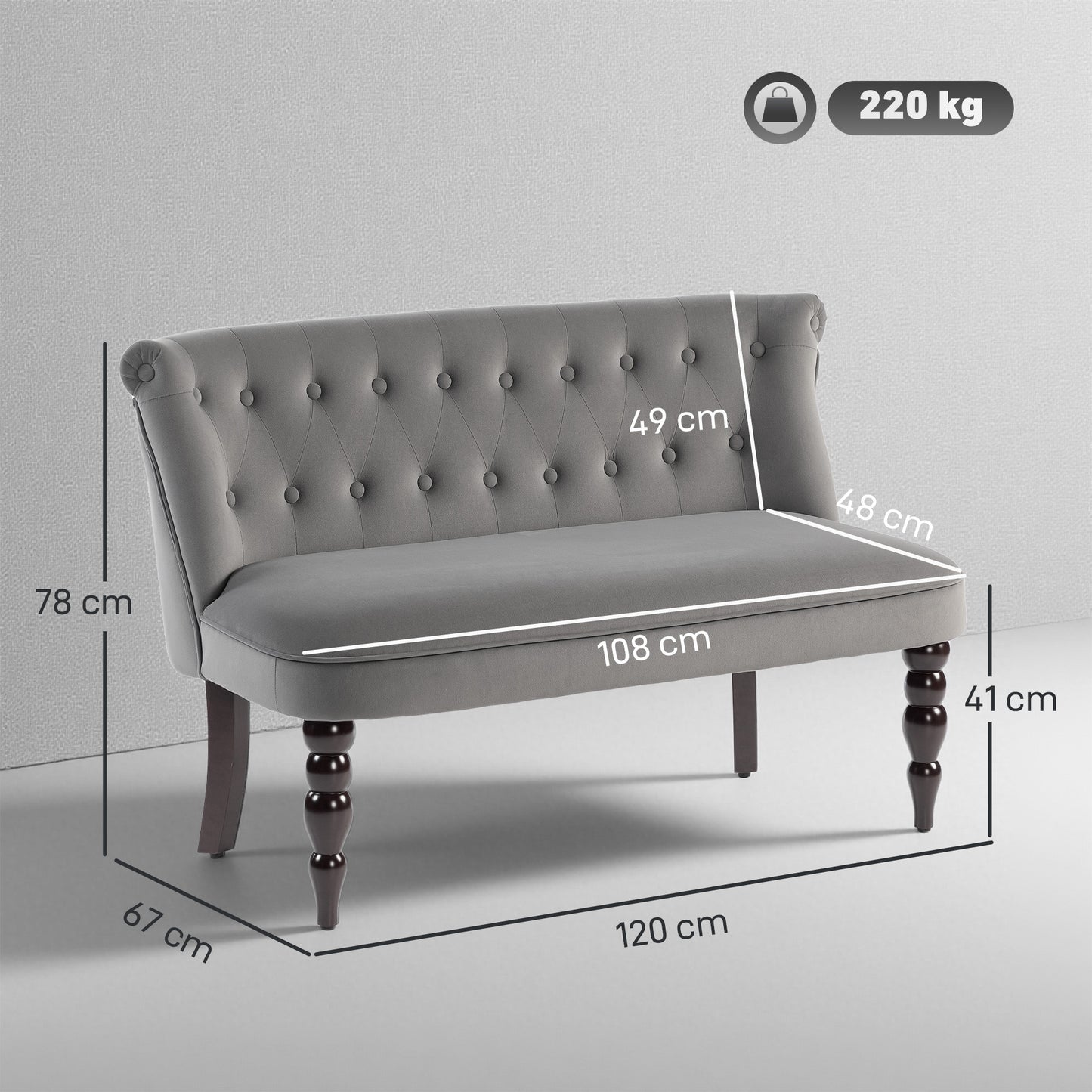 HOMCOM Velvet 2 Seater Sofa With Button Tufted Wingback Loveseat Rubber Wood Legs Charcoal Grey For Living Room