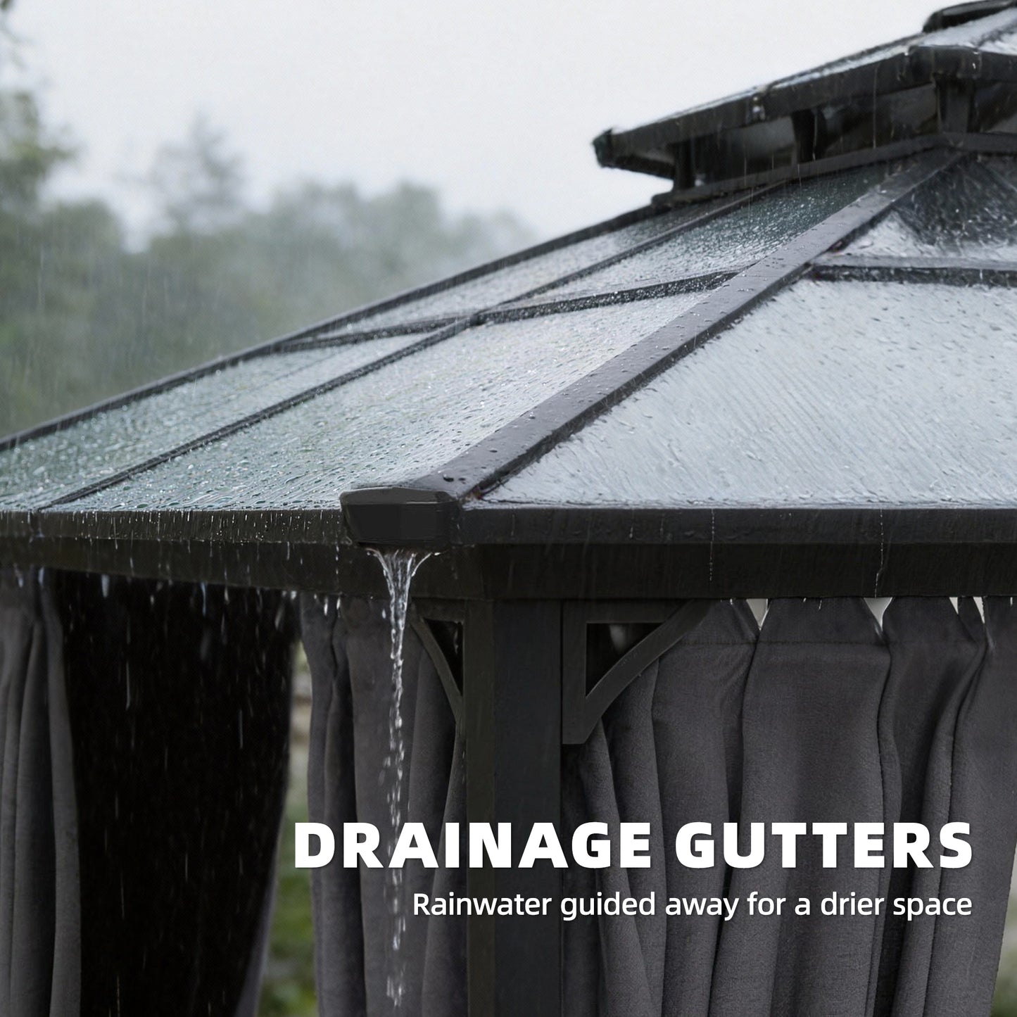 Outsunny 2.5m By 2.5m Hardtop Gazebo With Double Polycarbonate Roof And Drainage System Permanent Pavilion Dark Grey