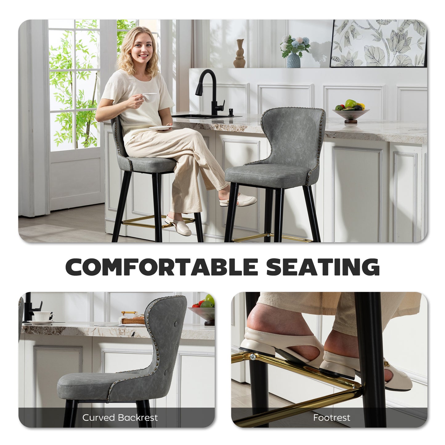 HOMCOM Bar Stools Set Of 2 PU Leather With Backrest Footrest And Wood Legs For Kitchen Counter Grey