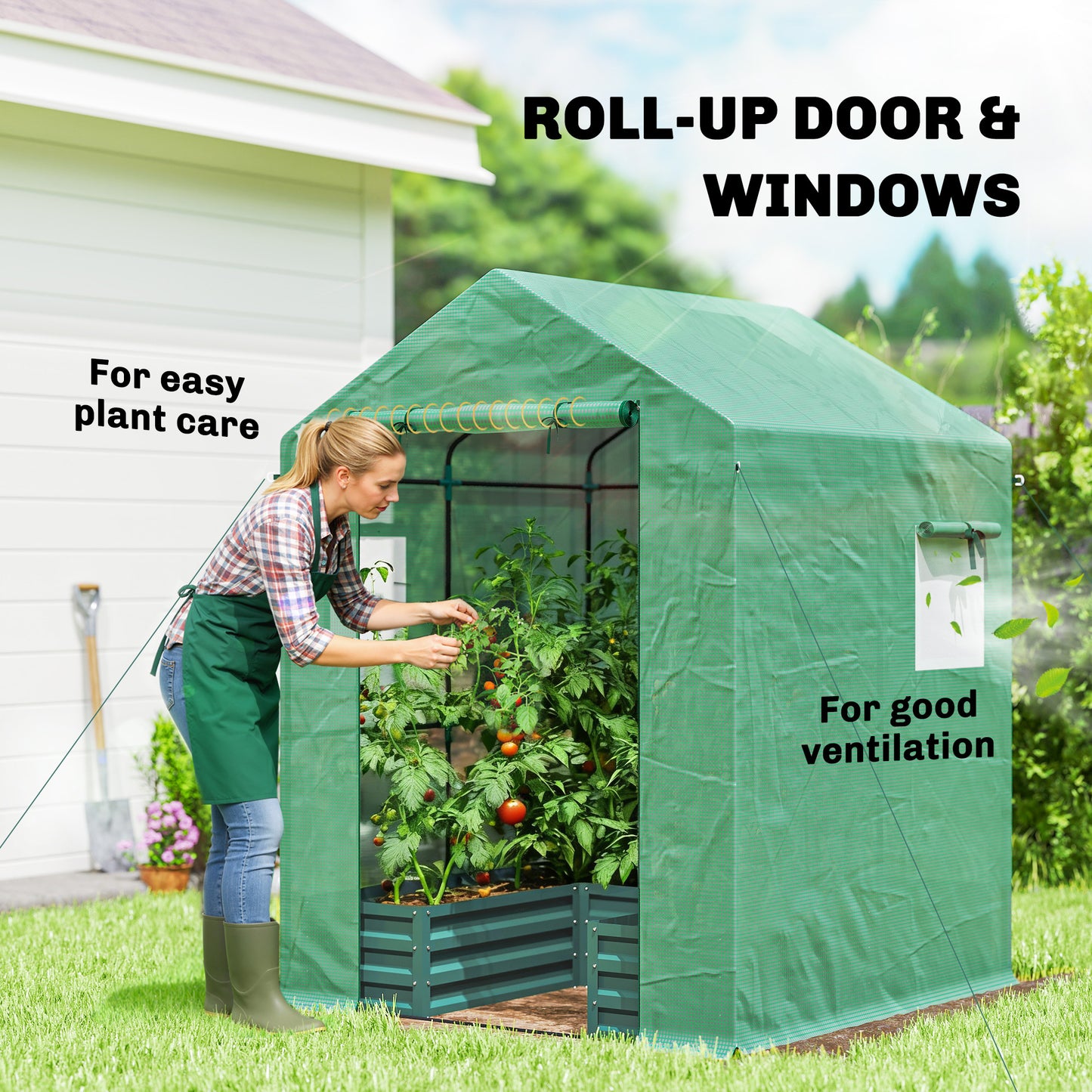 Outsunny Small Greenhouse With Raised Garden Bed Walk In Greenhouse With Roll Up Windows 141 X 141 X 190 Cm Green