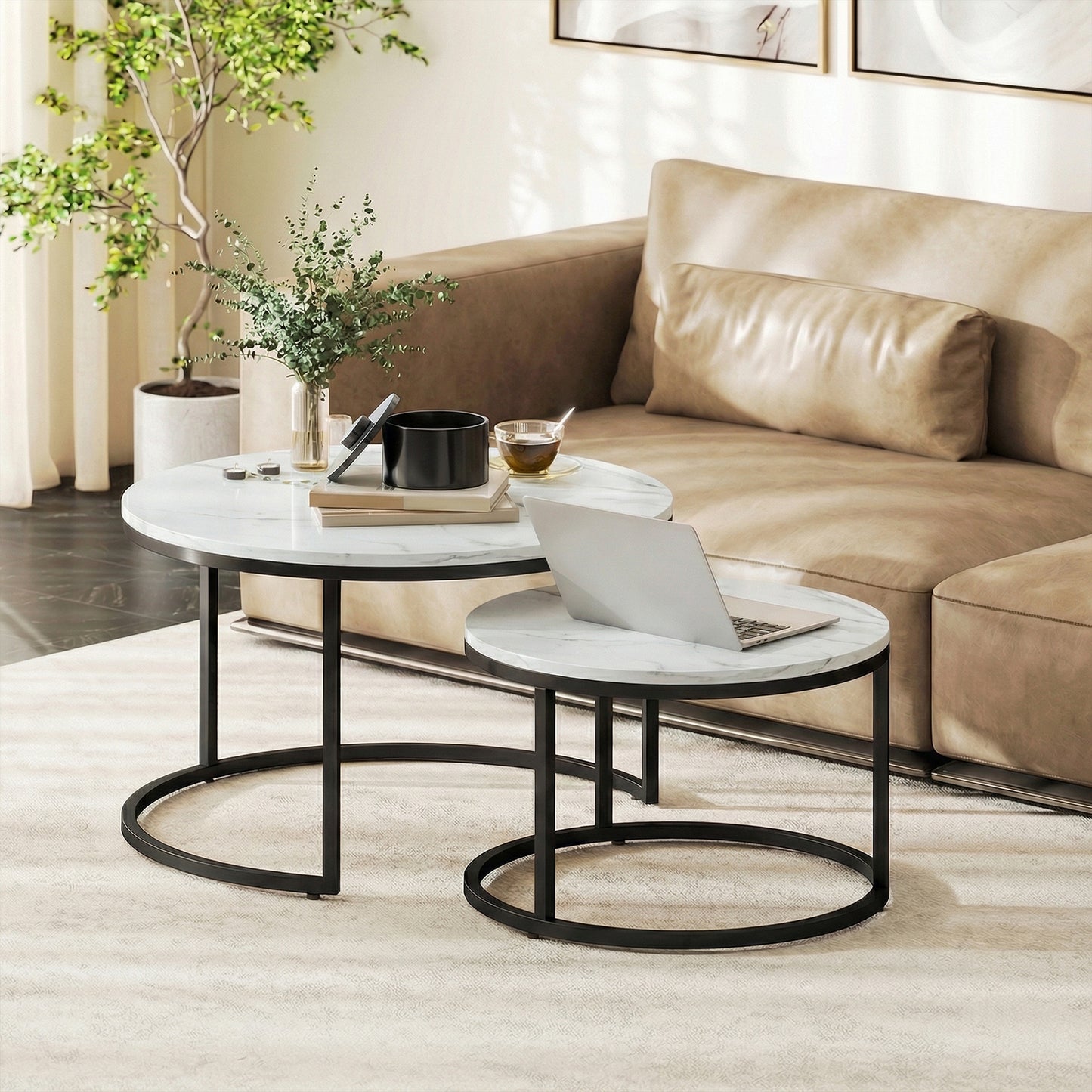HOMCOM Marble Effect Stacking Tables Set Of Two White With Steel Bases For Space Saving Overlapping Design