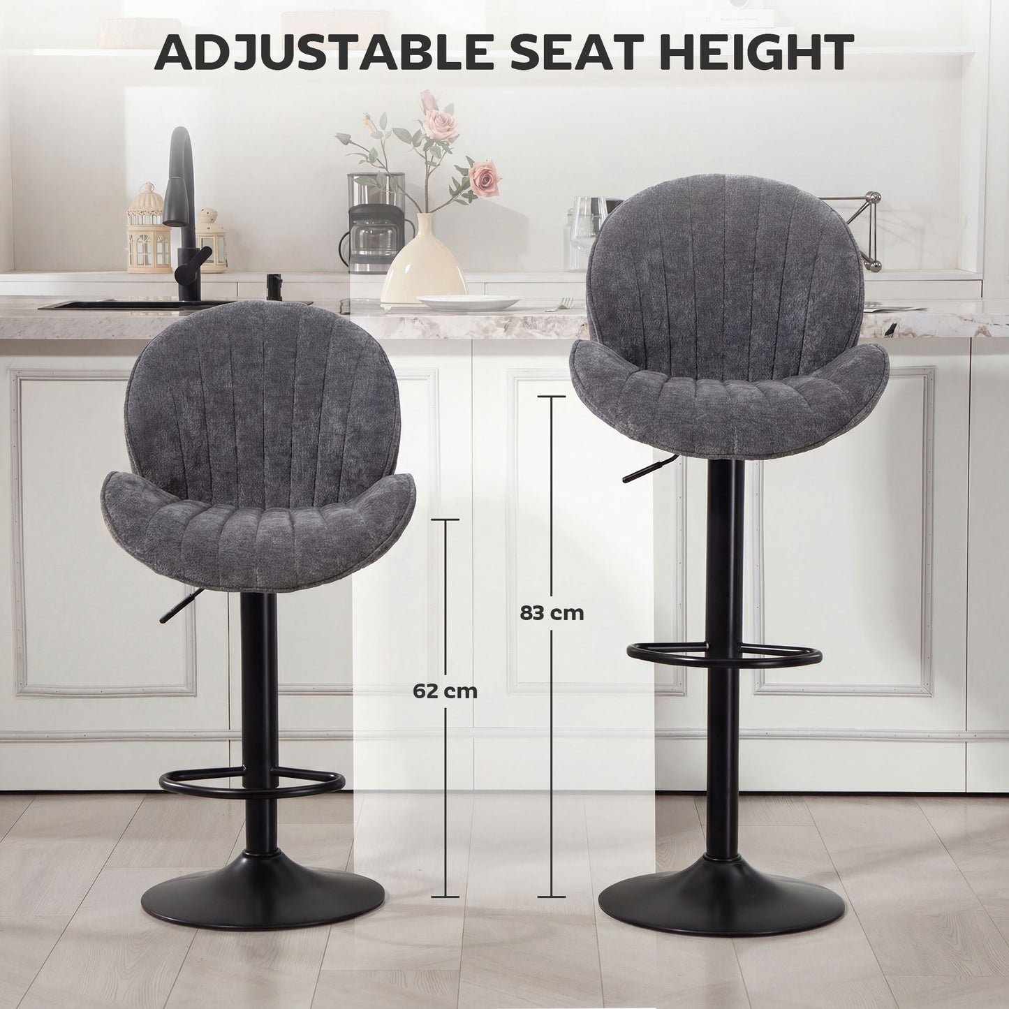 HOMCOM Bar Stools Set Of 2 With Backrest 360 Degree Swivel Adjustable Height Footrest Grey For Kitchen Island And Dining