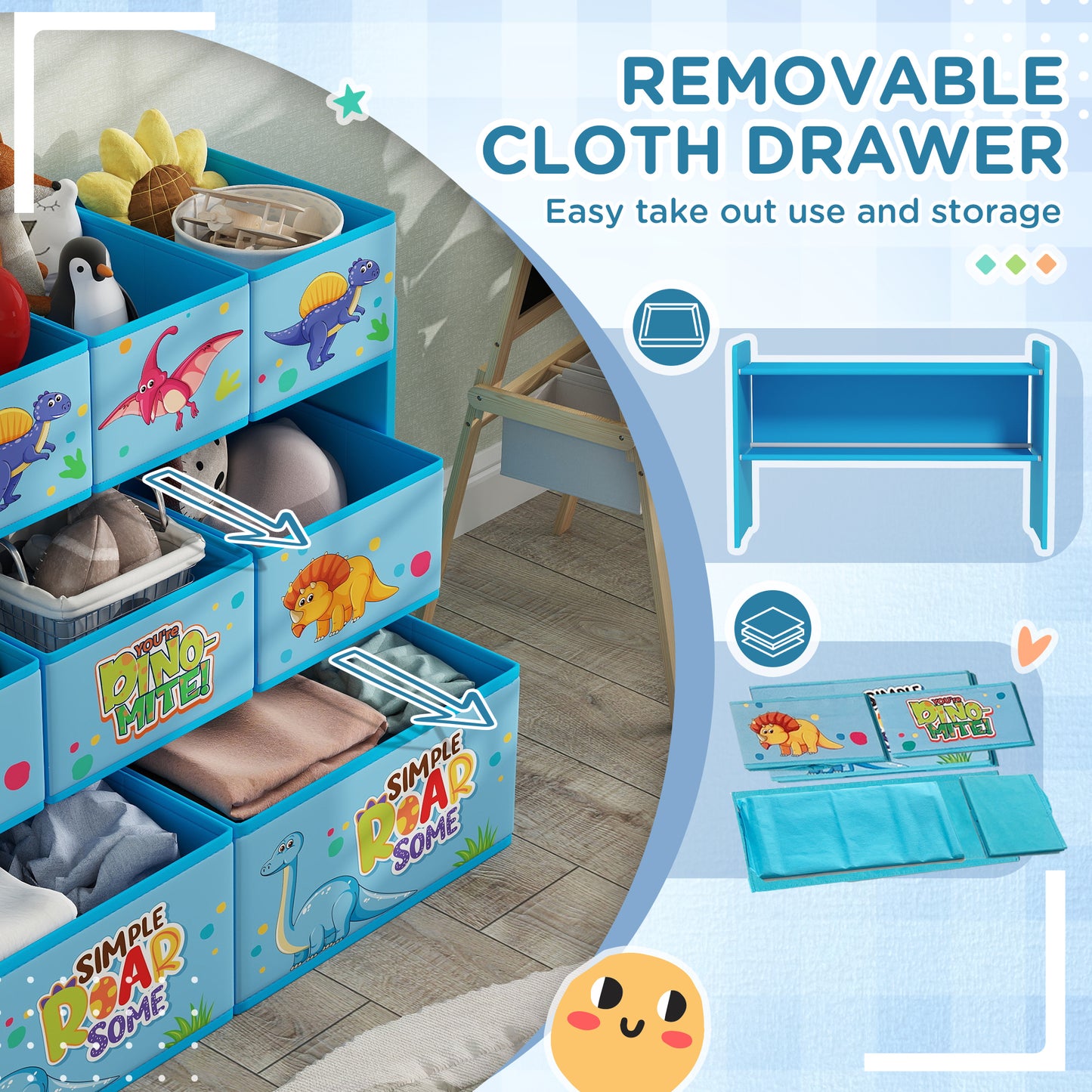 AIYAPLAY 3 Tier Kids Storage Unit With 9 Non Woven Fabric Boxes For Toys And Books In Blue