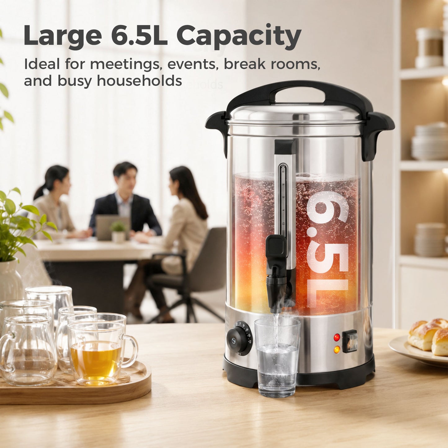 HOMCOM 6.5L Catering Urn 1500W Stainless Steel Hot Water Boiler Dispenser Thermostat Keep Warm Function Easy Pour Tap