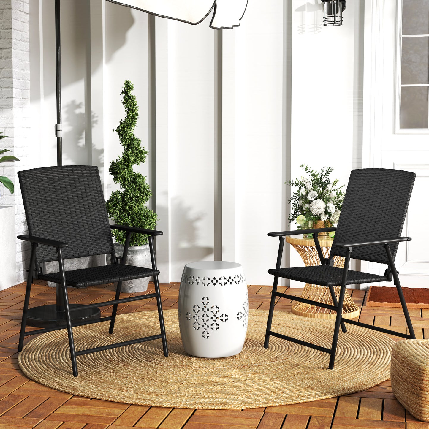Outsunny Set Of Two Folding Rattan Chairs Black Outdoor Weather Resistant Steel Frame