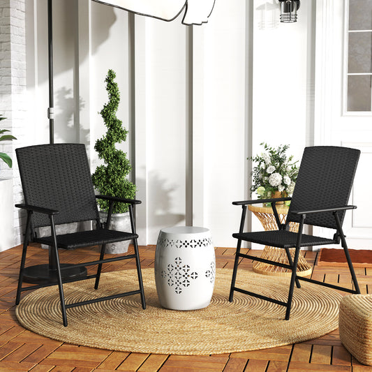 Outsunny Set Of Two Folding Rattan Chairs Black Outdoor Weather Resistant Steel Frame