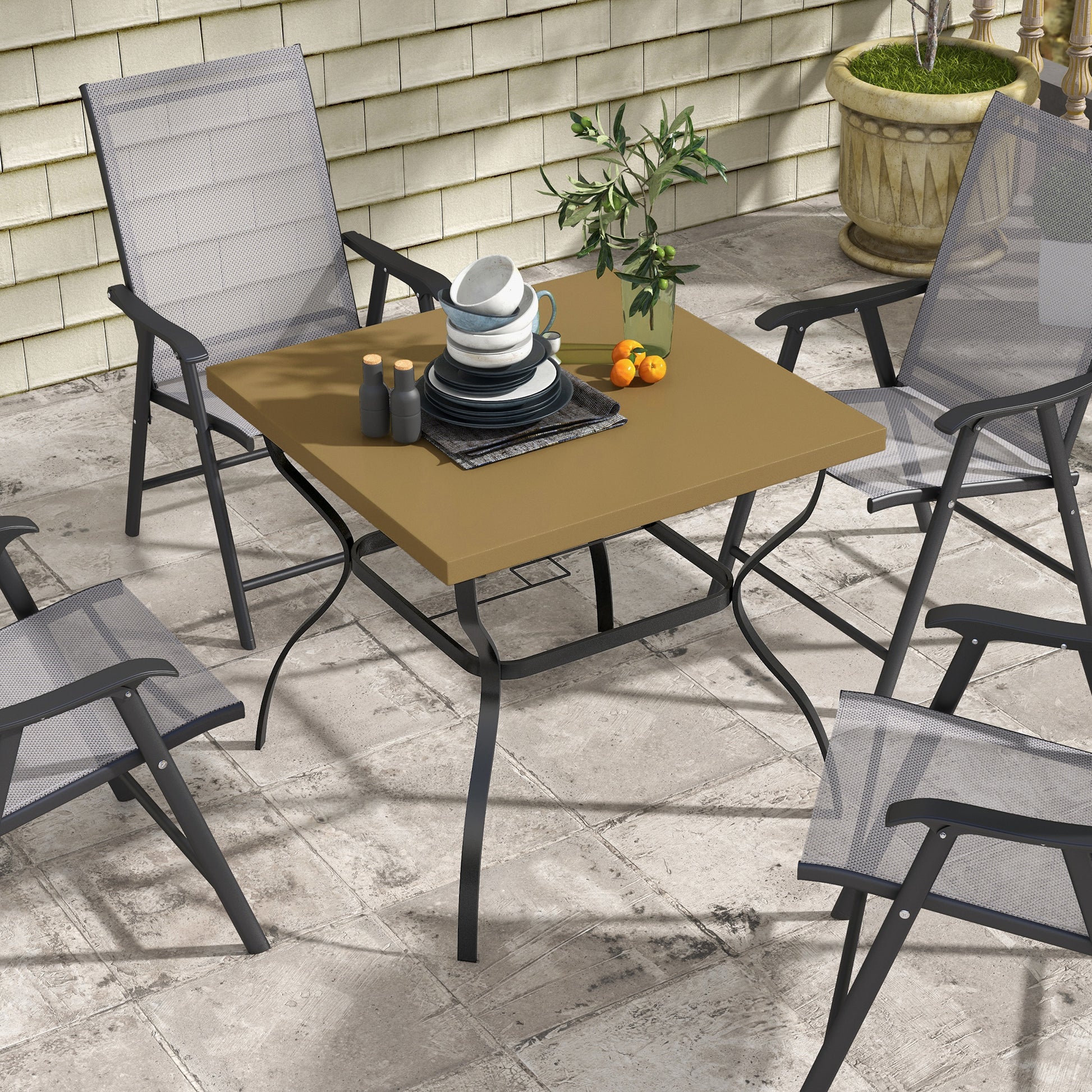 Ousunny Square Steel Garden Dining Table with Umbrella Hole for 4 People - Marble Effect Top in Black/Brown - ALL4U RETAILER LTD