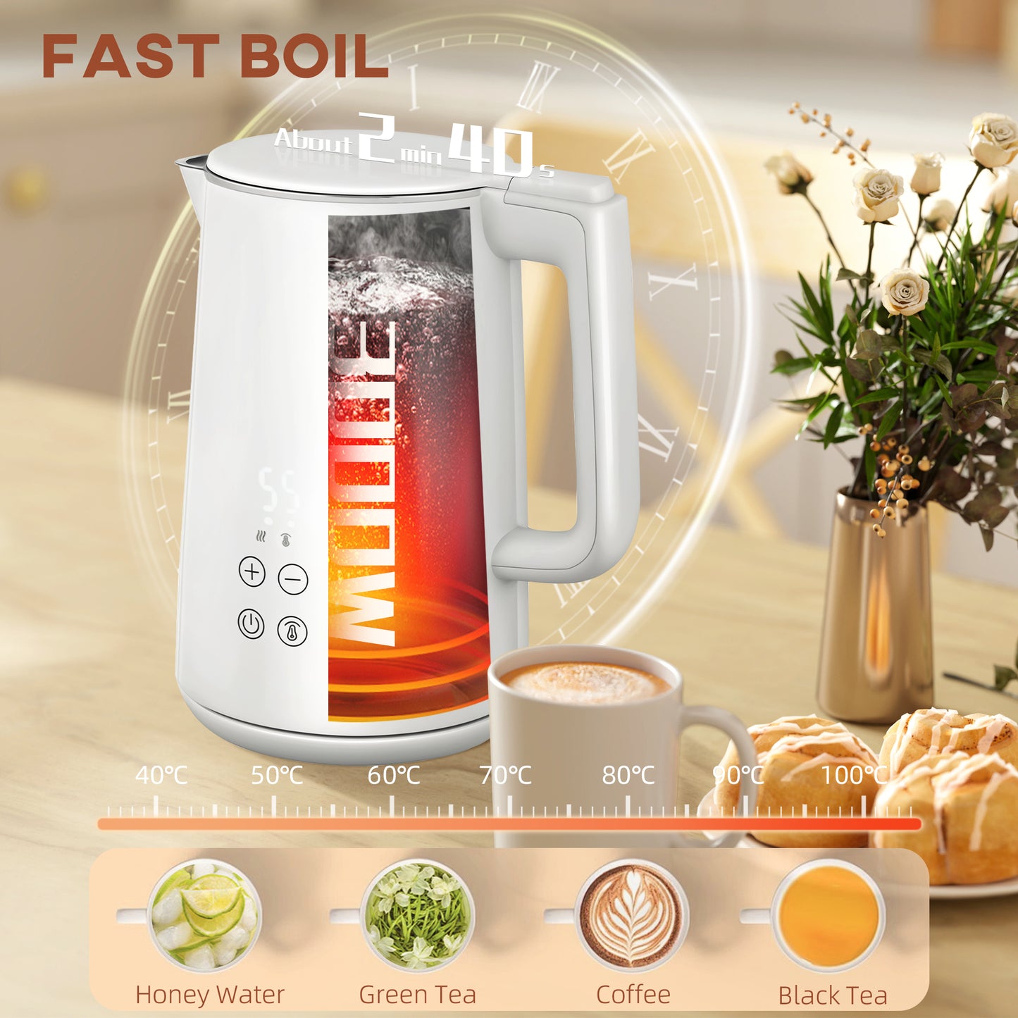 HOMCOM Polished Stainless Steel Kettle and Toaster Set in White 3000W Kettle and 2 Slice Toaster