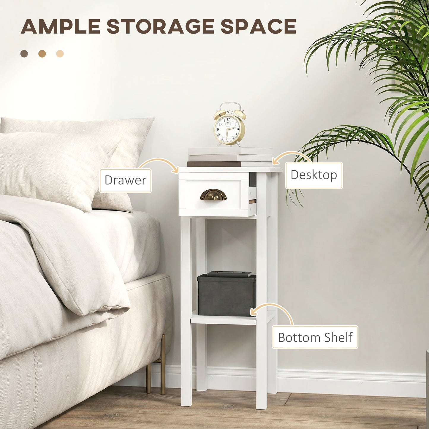 HOMCOM Two Tier Bedside Tables Set of Two with Drawer and Shelf White for Living Room and Hallway