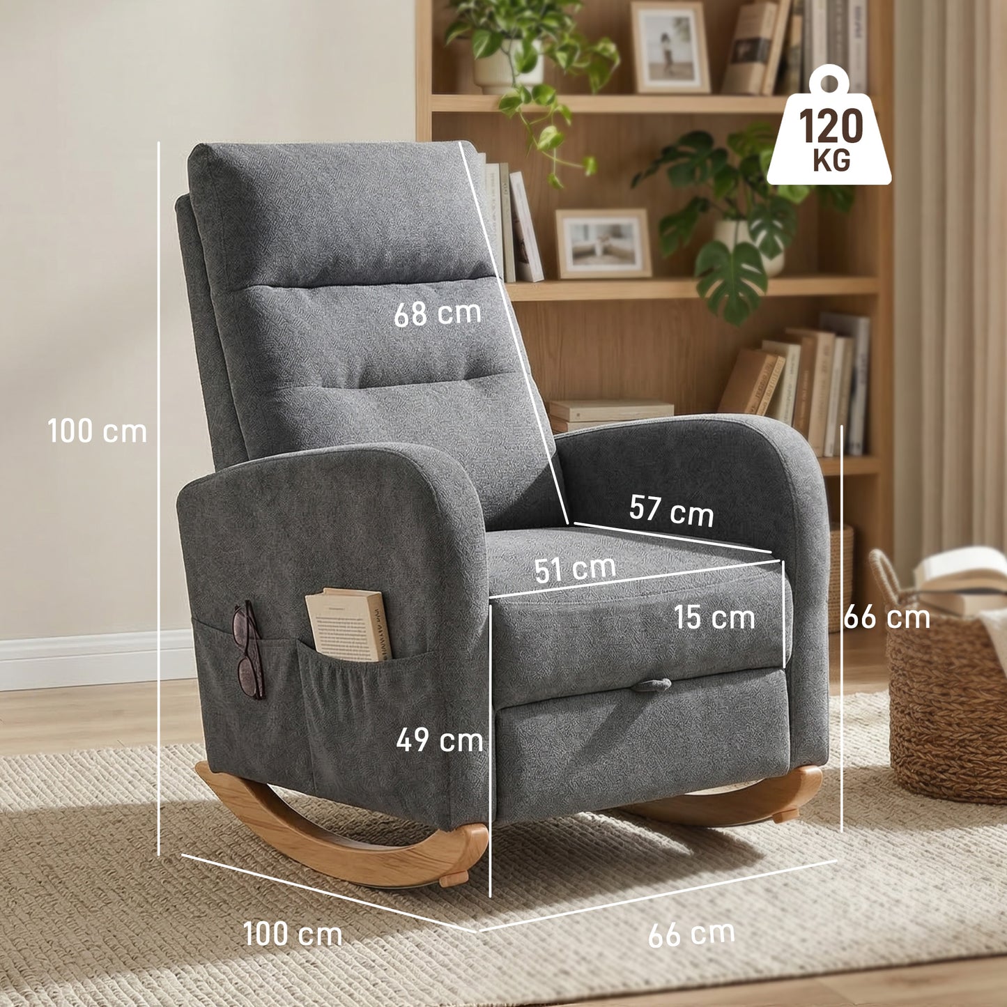HOMCOM Upholstered Rocking Chair With Retractable Footrest High Back For Living Room Grey