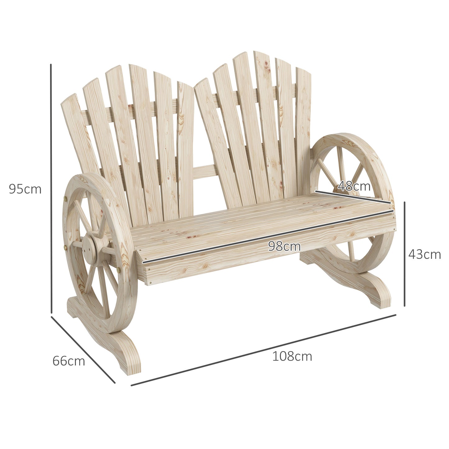 Outsunny Fir Wood Love Seat With Wheel Shaped Armrests Outdoor Patio Chair For Two People Natural Wood Finish