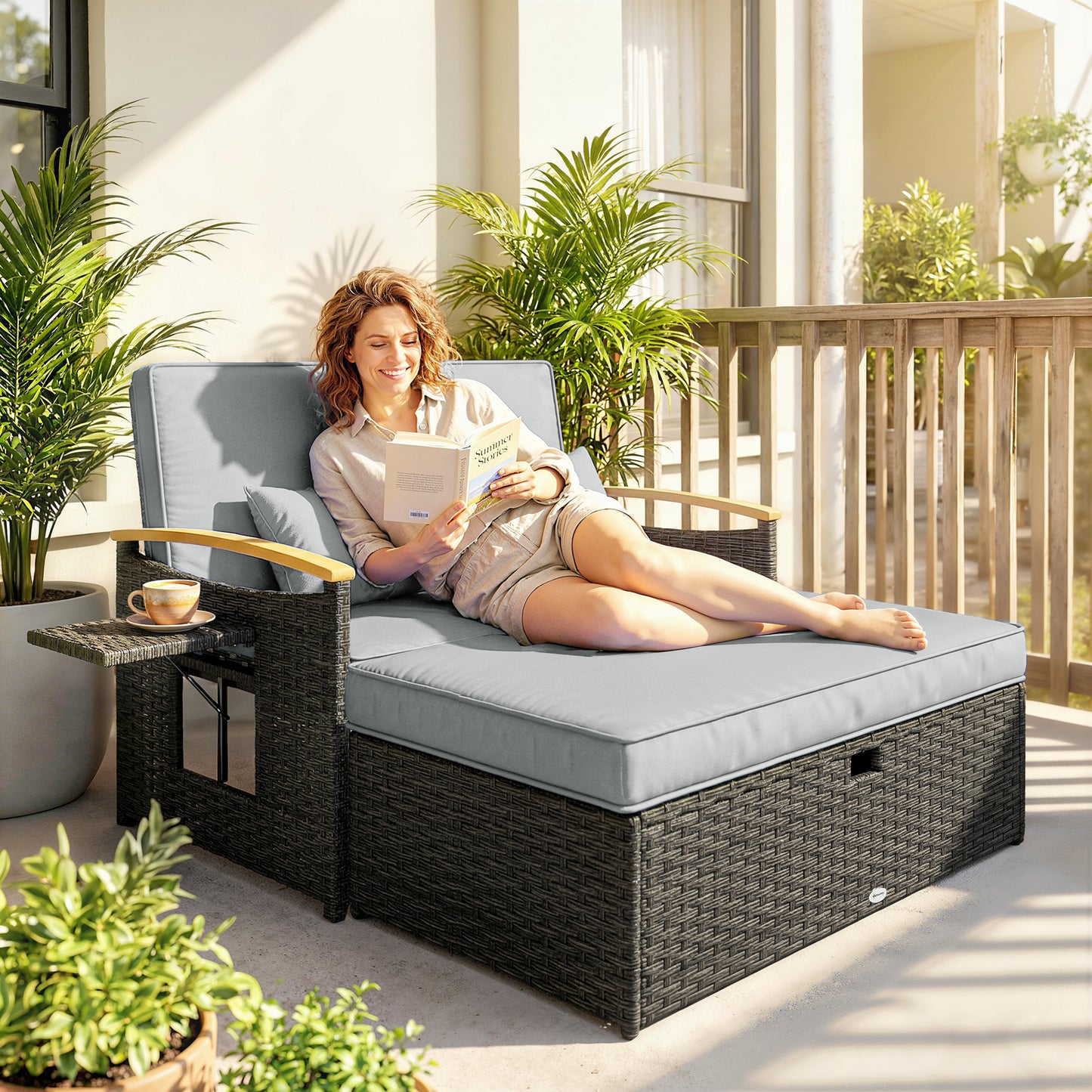 Outsunny Double Outdoor Rattan Daybed Chaise Lounger With Storage Ottoman And 4-Level Adjustable Backrest Dark Grey