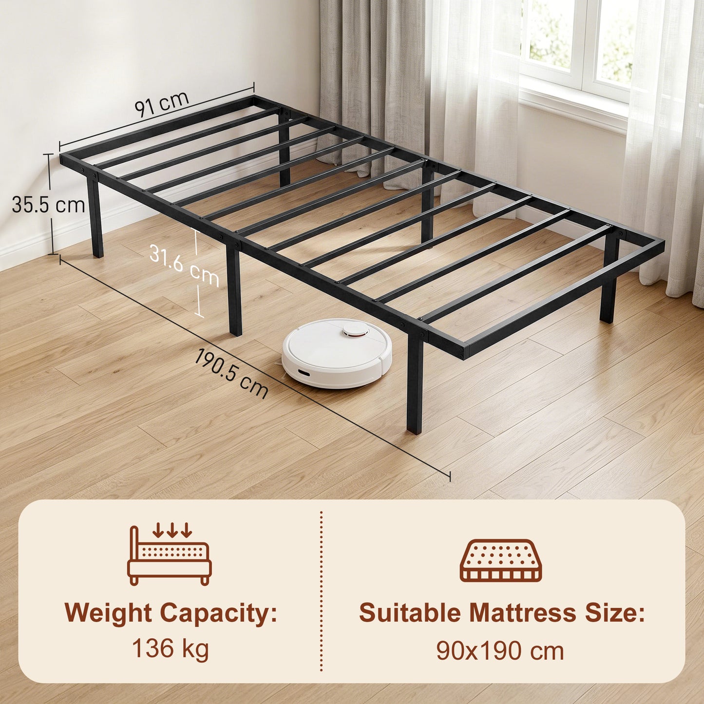 HOMCOM 3ft Single Bed Frame With Underbed Storage And Steel Slat Support No Box Spring Needed