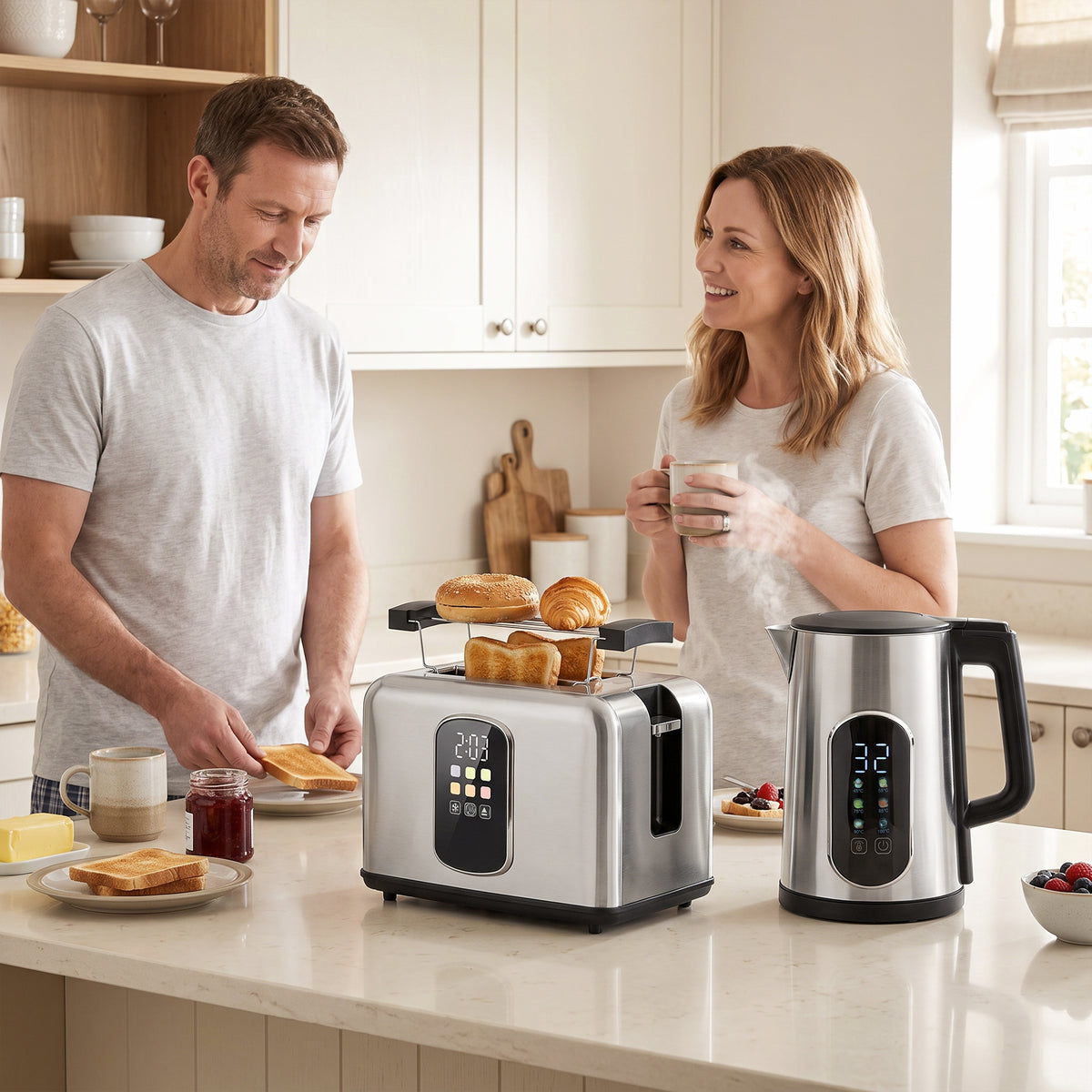 Stainless steel toaster and electric kettle on kitchen counter with LED touch displays