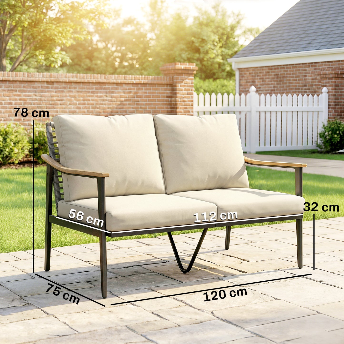 Outsunny 2 Seater Rattan Sofa Outdoor Garden Sofa With Wood Effect Armrests Cushions For Patio Balcony Khaki