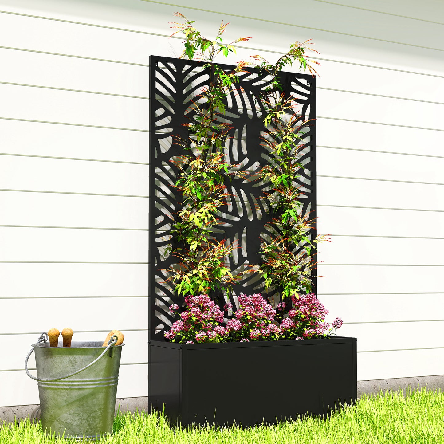 Outsunny Metal Garden Bed With Trellis Raised Planter For Wall Mounted Or Freestanding Privacy Screen 29L Soil