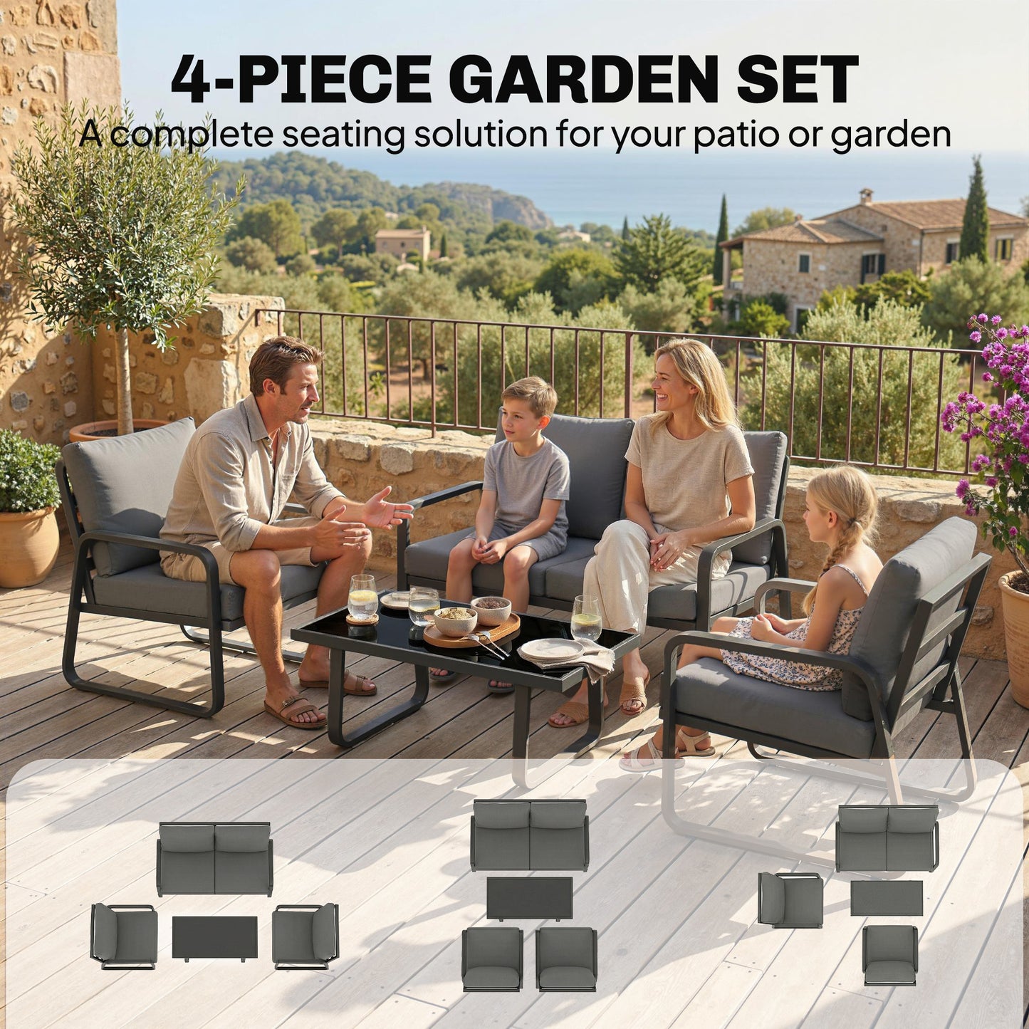 Outsunny 4 Piece Garden Furniture Set Outdoor Sofa Set Loveseat Armchairs Coffee Table Cushions All Weather