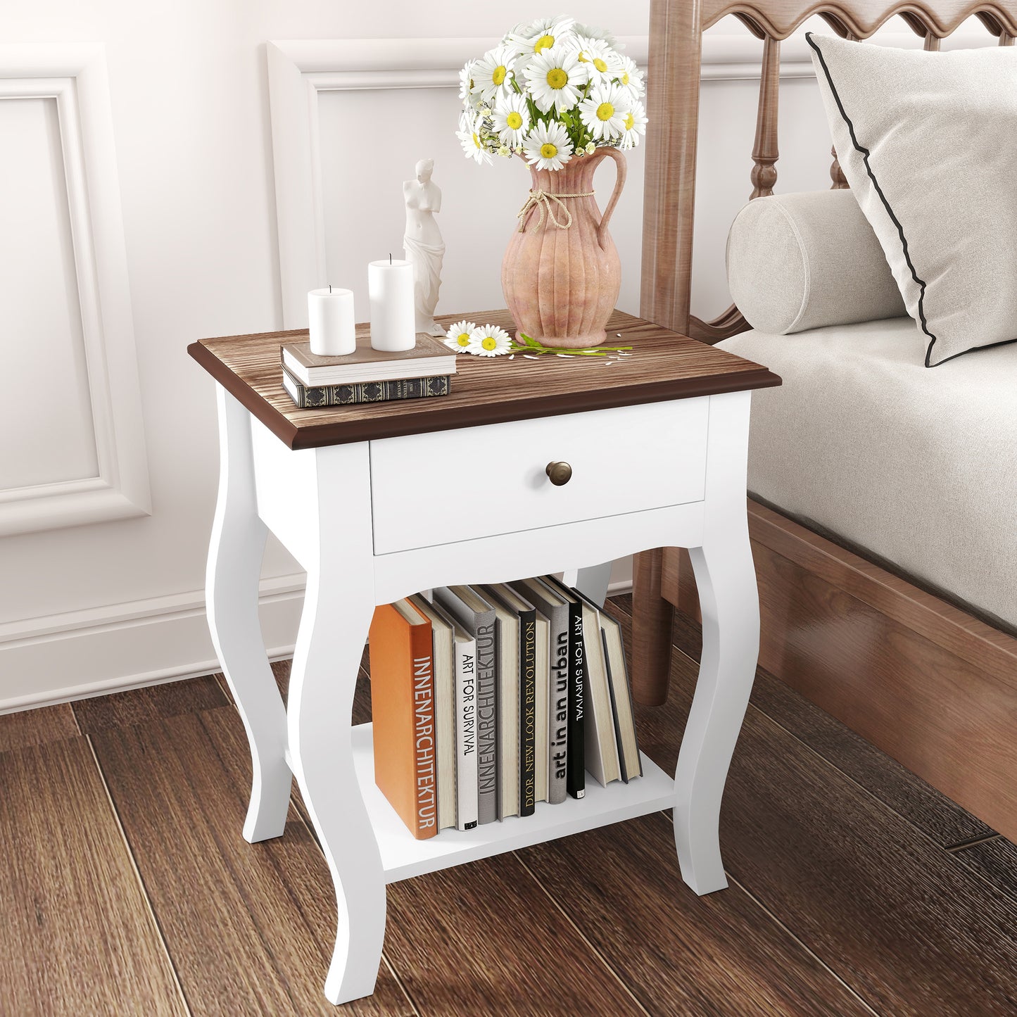 HOMCOM Two Piece Bedside Tables With Drawer In French Style With Open Shelf White Bedroom Nightstands